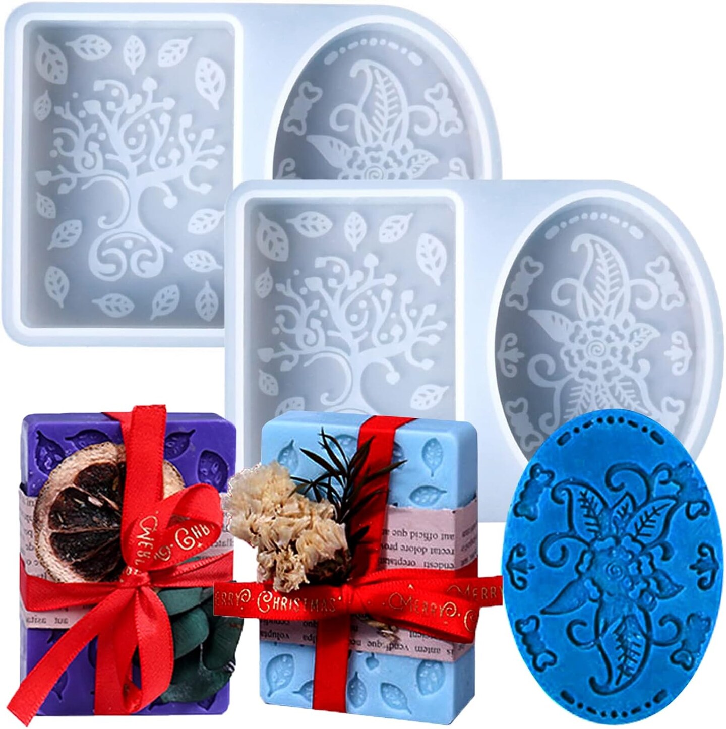 Soap Silicone Mold, 2 Pack Embossing Flower Handmade Soap Mold, Rectangle & Oval Silicone Soap Molds