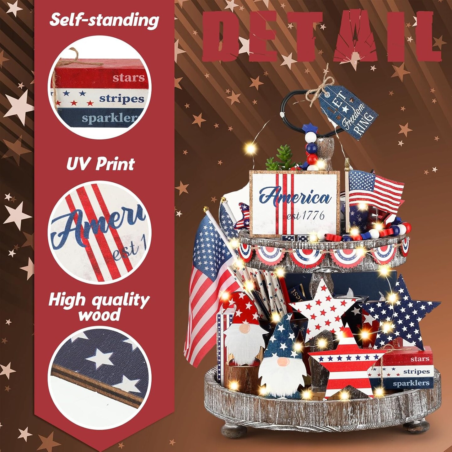 18 Pcs Memorial Day Tiered Tray Decor Set Rustic Patriotic Independence Day Decoration