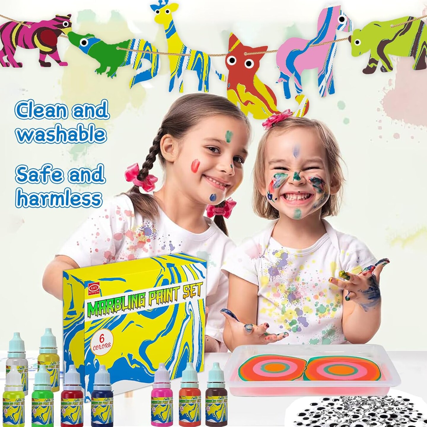 Water Marbling Paint Kit for Kids Animal Theme Painting Craft Kits 10 Colors Arts DIY Paint Craft Animal Wood Chips with Eyes for Girls Boys Age 6-12 Year Olds Birthday Gifts Ideas Activities Toys