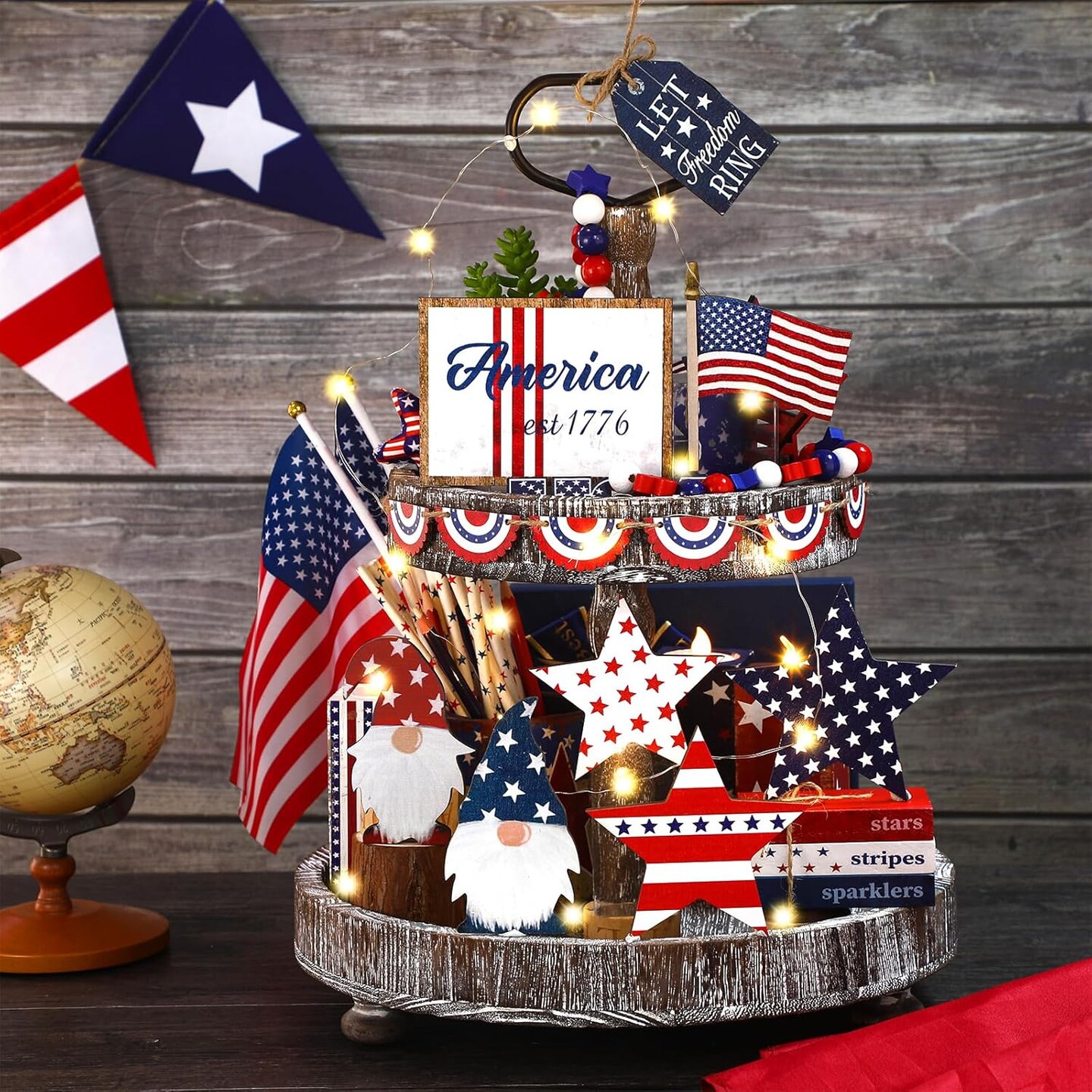 18 Pcs Memorial Day Tiered Tray Decor Set Rustic Patriotic Independence Day Decoration