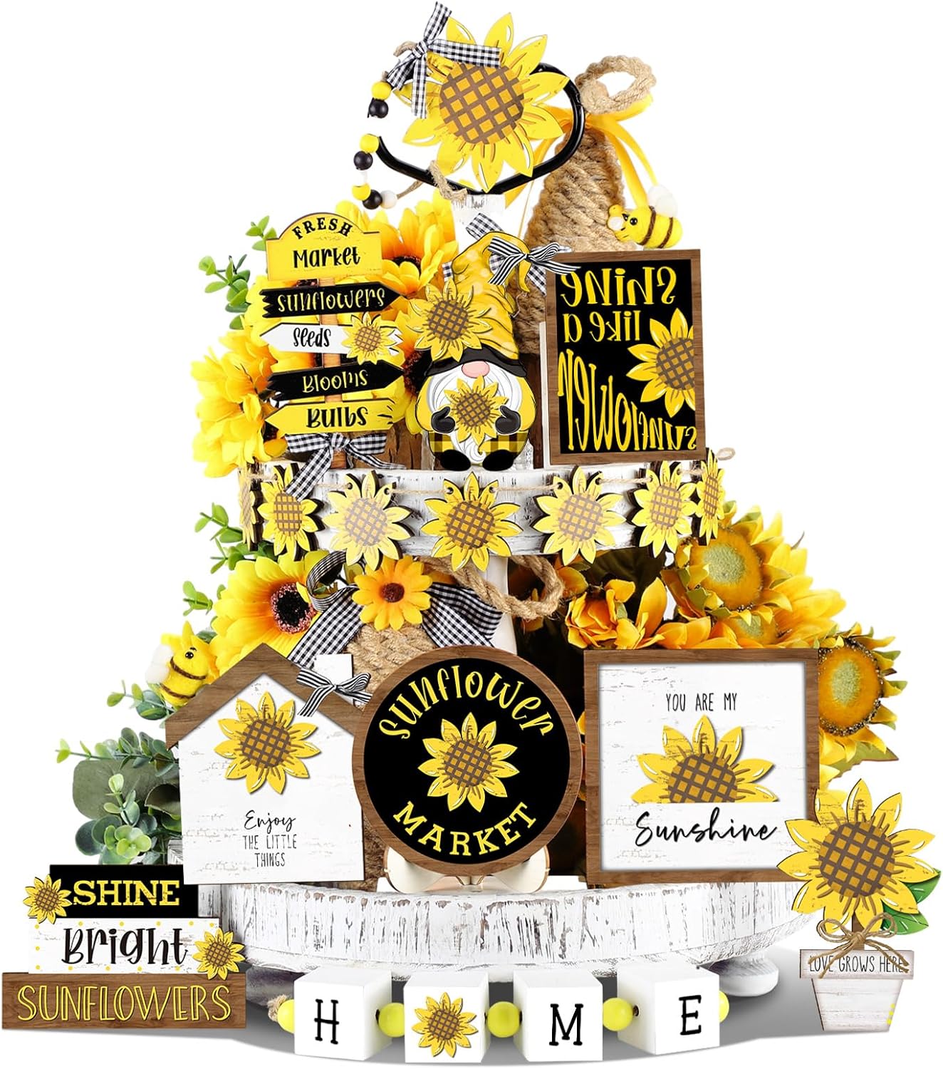17PCS Sunflower Tiered Tray Decor Set – Farmhouse Wooden Summer Table Signs, Rustic Home Centerpieces for Kitchen, Shelf & Tabletop Spring Summer Decorations