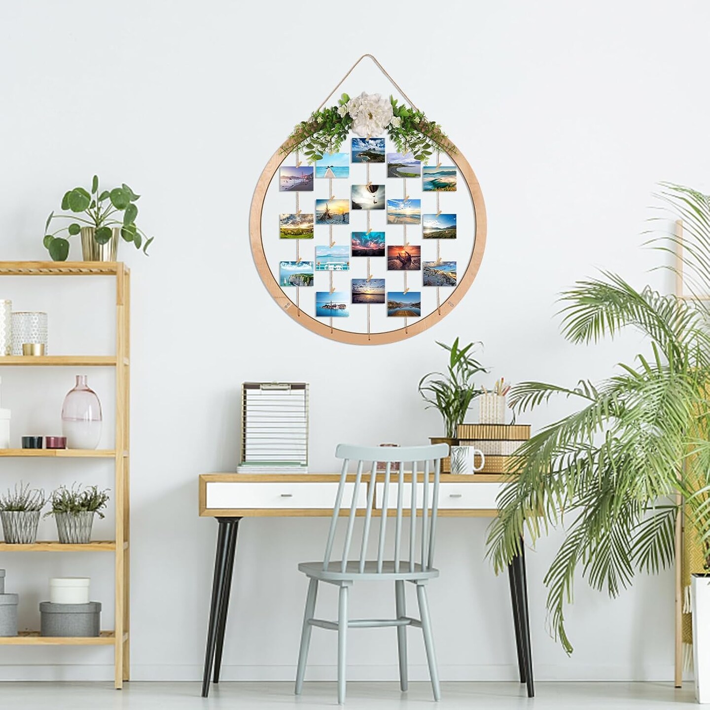 Large Round Wooden Multi Picture Frames - 60CM/23.62" Artificial Flower/Eucalyptus Hanging Display Board Photo Frames Collage Wall Decor, for Spring Mother's Day Grandma Christmas