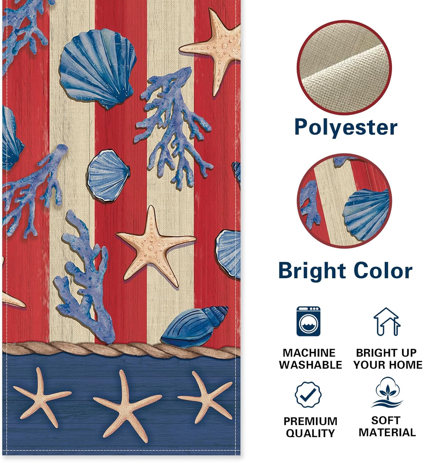 4th of July Beach Dining Table Runner, Patriotic America Coastal Starfish Conch Coral Stripes Burlap Kitchen Decoration, American USA Indoor Outdoor Home Decor