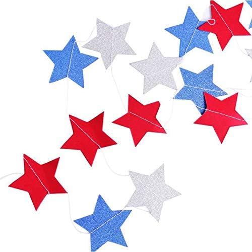 4th/Fourth of July Patriotic Party Decorations Set- Red White/Silver Blue Star Streamers and 6Pcs Red White Blue Hanging Paper Fans for American Independence Day Party Decor Supplies