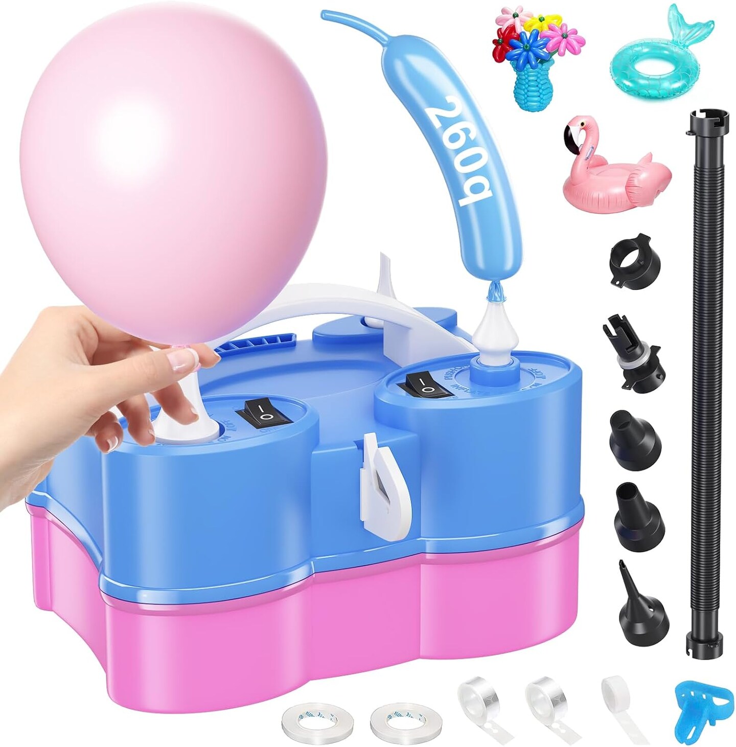 3-in-1 Electric Balloon Pump – Portable Dual Nozzle Inflator & Deflator for 260Q Balloons, Pool Floats & Air Mattresses (Blue & Pink)