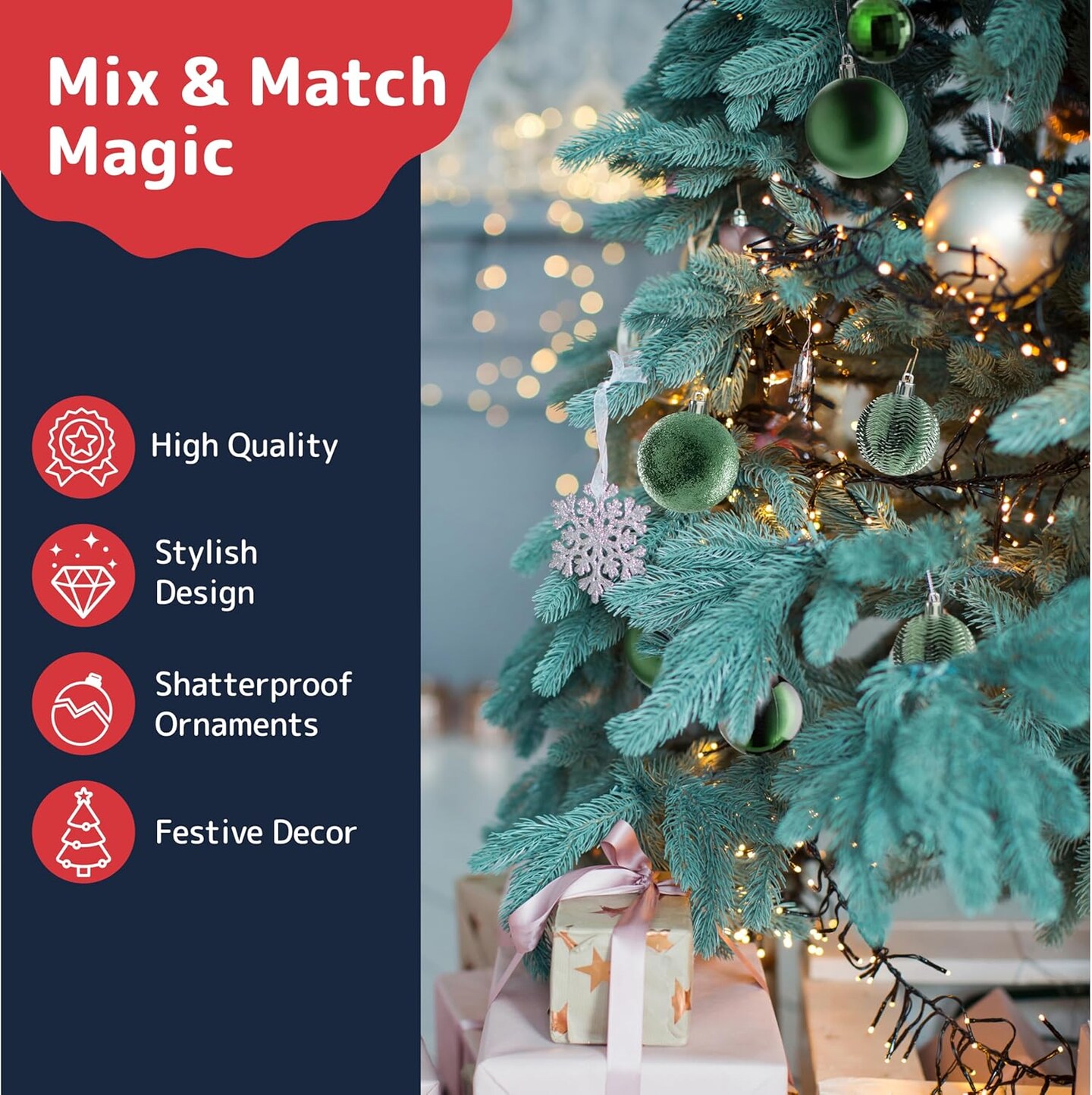 36-piece emerald green shatterproof Christmas ornaments for indoor/outdoor decor.