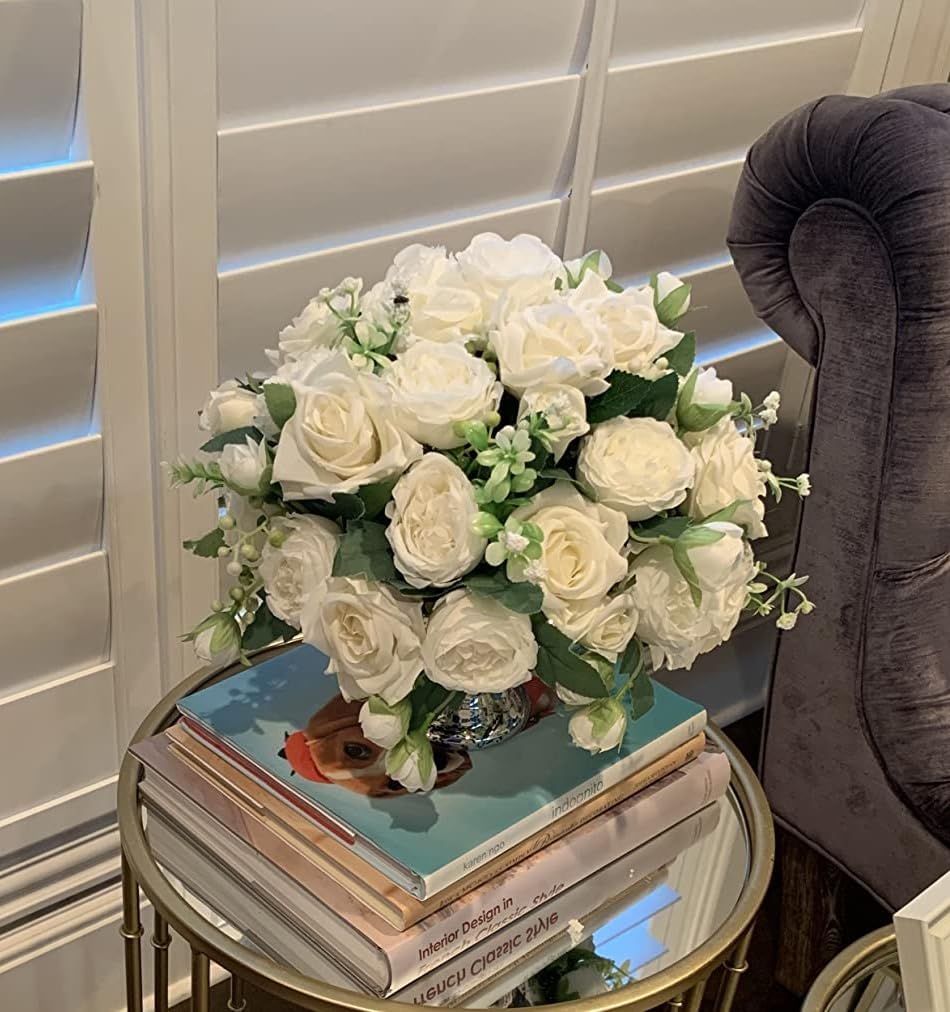 Artificial Summer Tabletop Floral Arrangements Peonies Silk Flowers, White Faux Peony Bouquet 4 Bundles Florals Arrangements Decor