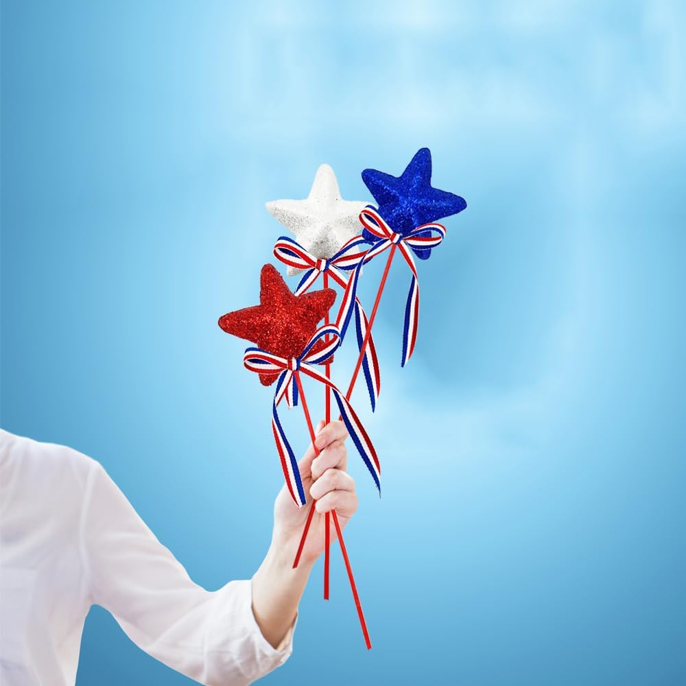 6PCS 4th of July Glitter Puffy Star Picks – Red, White & Blue Foam Sparkly Sticks for Independence Day, Memorial Day, Americana Party Crafts, and Patriotic Decorations