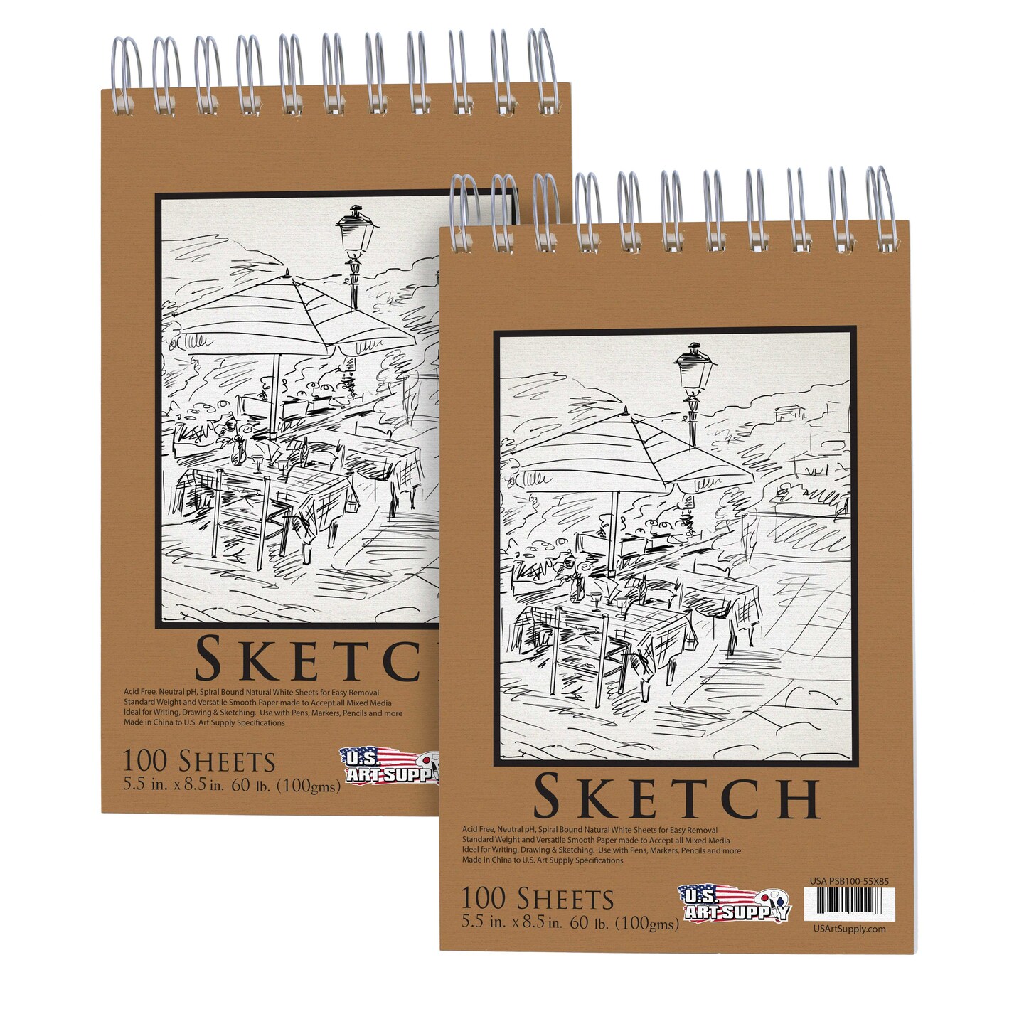 5.5&#x22;x8.5&#x22; Top Spiral Bound Sketch Book, 2 Pack, 100 Sheets Each, 60lb (100gsm), Acid-Free, Artist Sketchbook, Drawing Pad for Adults &#x26; Students