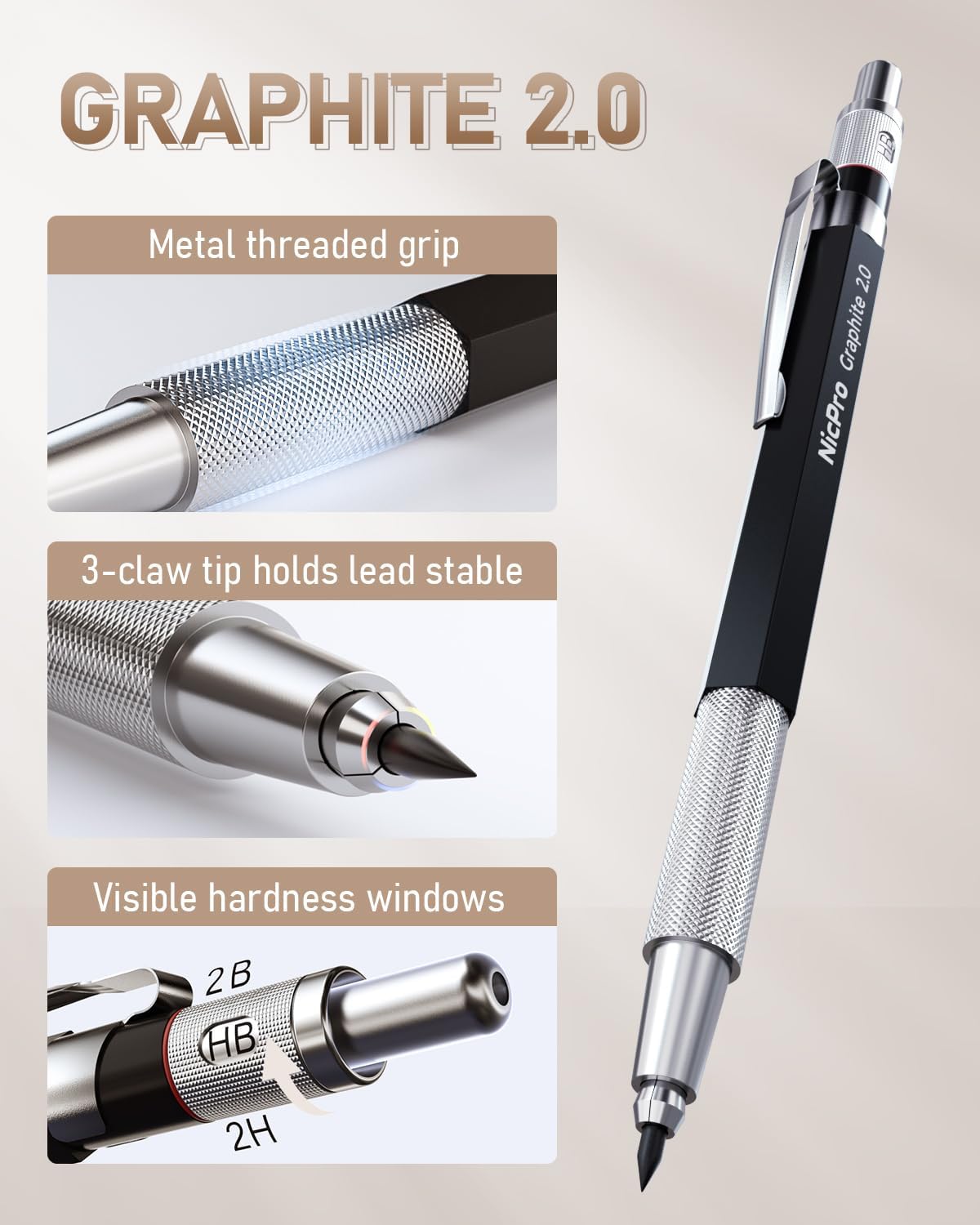 30PCS Art Mechanical Pencil Set in Leather Case, Metal Drafting Pencil 0.5 mm, 0.7 mm, 0.9 mm &#x26; 3 PCS 2mm Lead Holders for Sketching Drawing With 16 Tube (6B 4B 2B HB 2H 4H Colors) Lead Refills