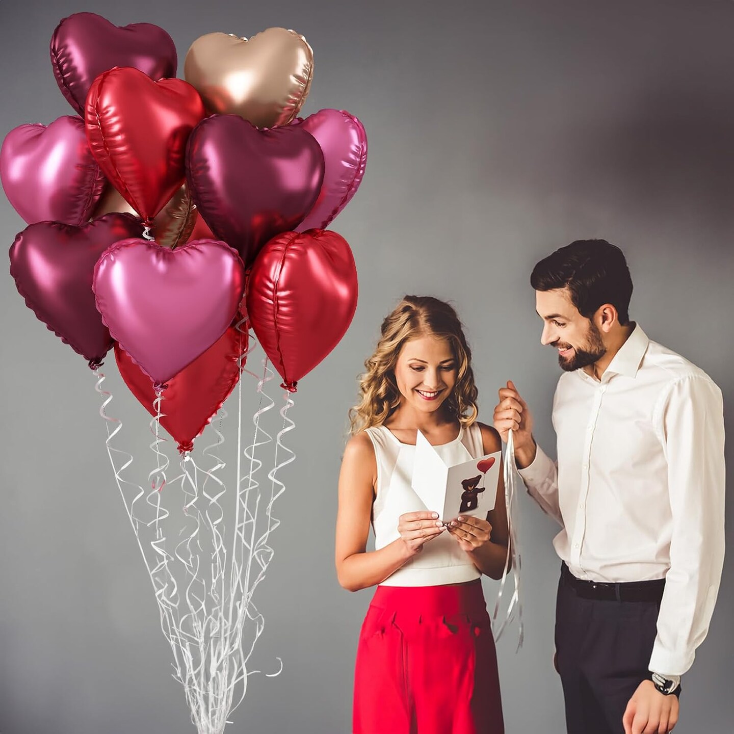 Wine Red Heart Balloons, 18 Inch 12 Pcs Burgundy Red and Pink Foil Heart Balloons Red and Rose Gold Heart Shape Mylar Balloons