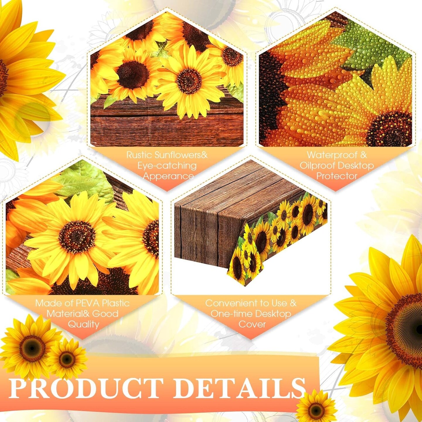 3 Pcs Sunflower Wood Grain Plastic Rustic Tablecloth Vintage Rectangle Table Covers Countryside Outdoor Tablecloth for Dining Table Kitchen Party Banquet, 54 x 108 Inch