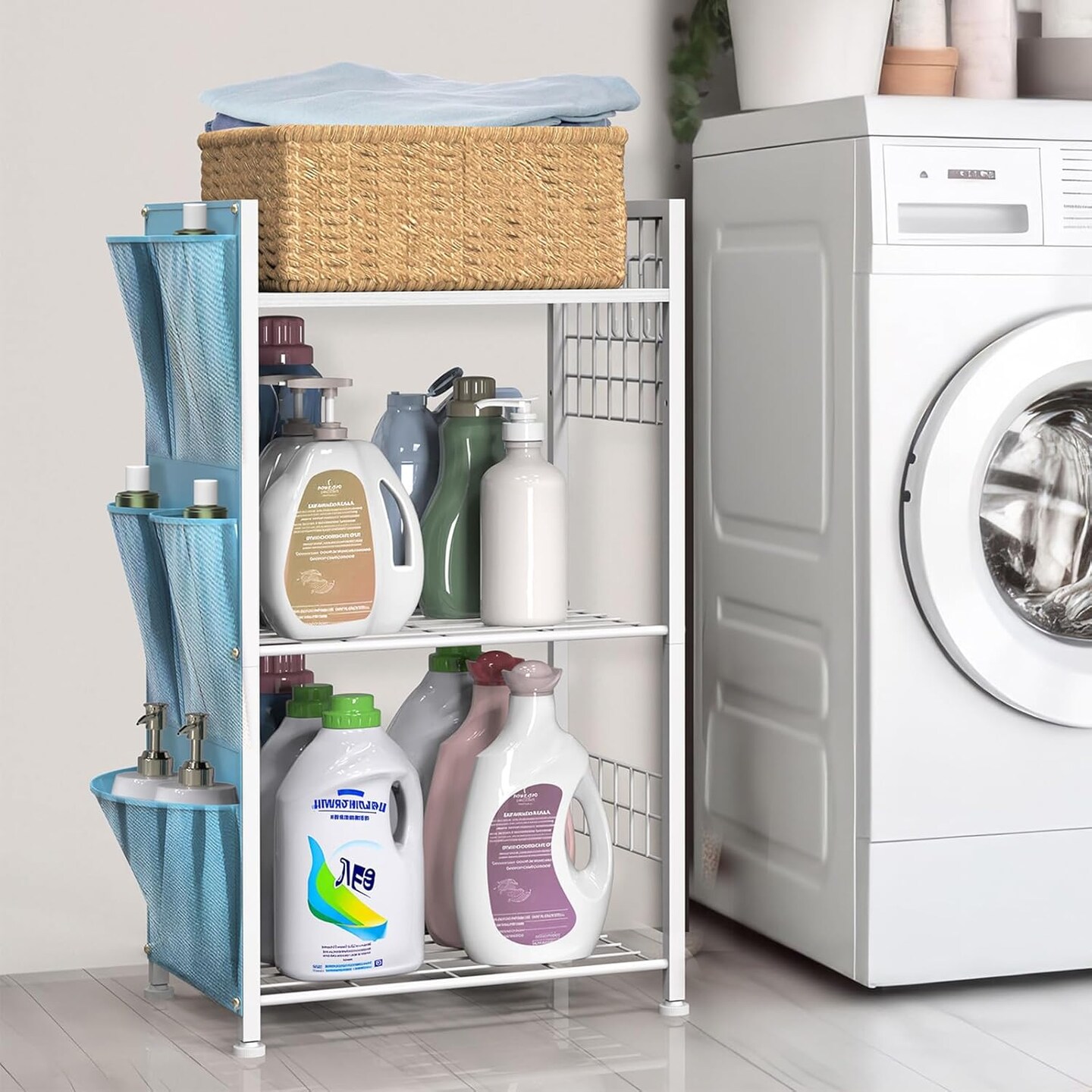 3-Tier Laundry Room Storage Rack with Hooks & Storage Bags - White Space-Saving Shelves for Detergent, Towels, Supplies - Multifunctional Organizer for Bathroom, Kitchen, Garage