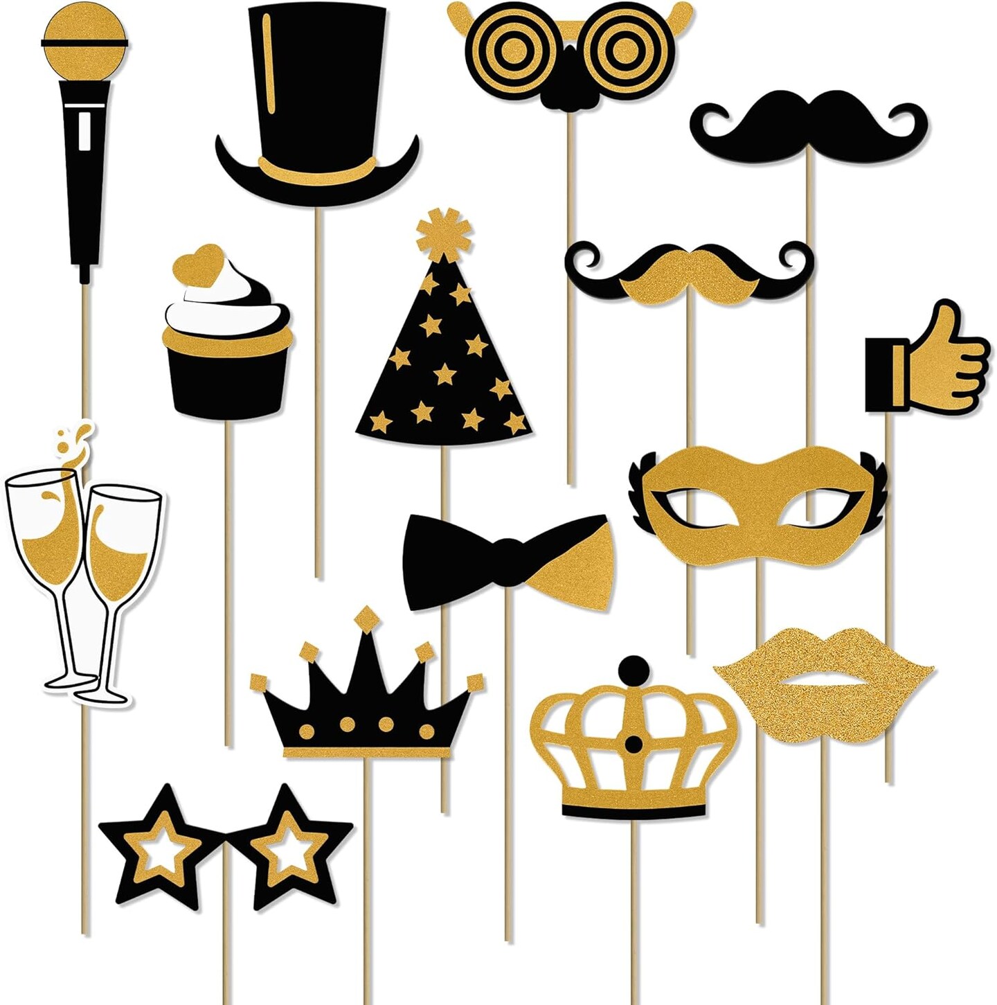Photo Booth Props, 24PCS Photobooth Props, Funny Photo Props Party Props Accessories for Adults and Kids, Photo Booth Props for Wedding Birthday Christmas New Year&#x2018;s Eve(Black+Gold)