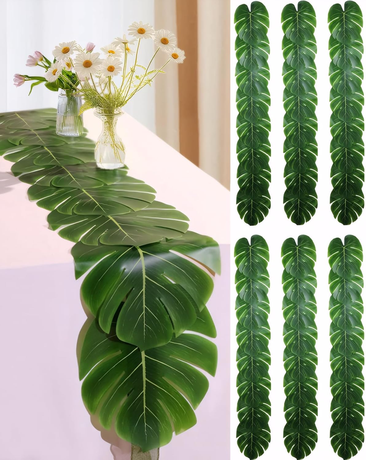 Artificial Palm Leaves Table Runners 72 Inch, Tropical Palm Leaves Table Runner Faux Leaf Table Cloth for Wedding Hawaiian Luau Theme Party Supply Summer Table Wall Decorations (6)