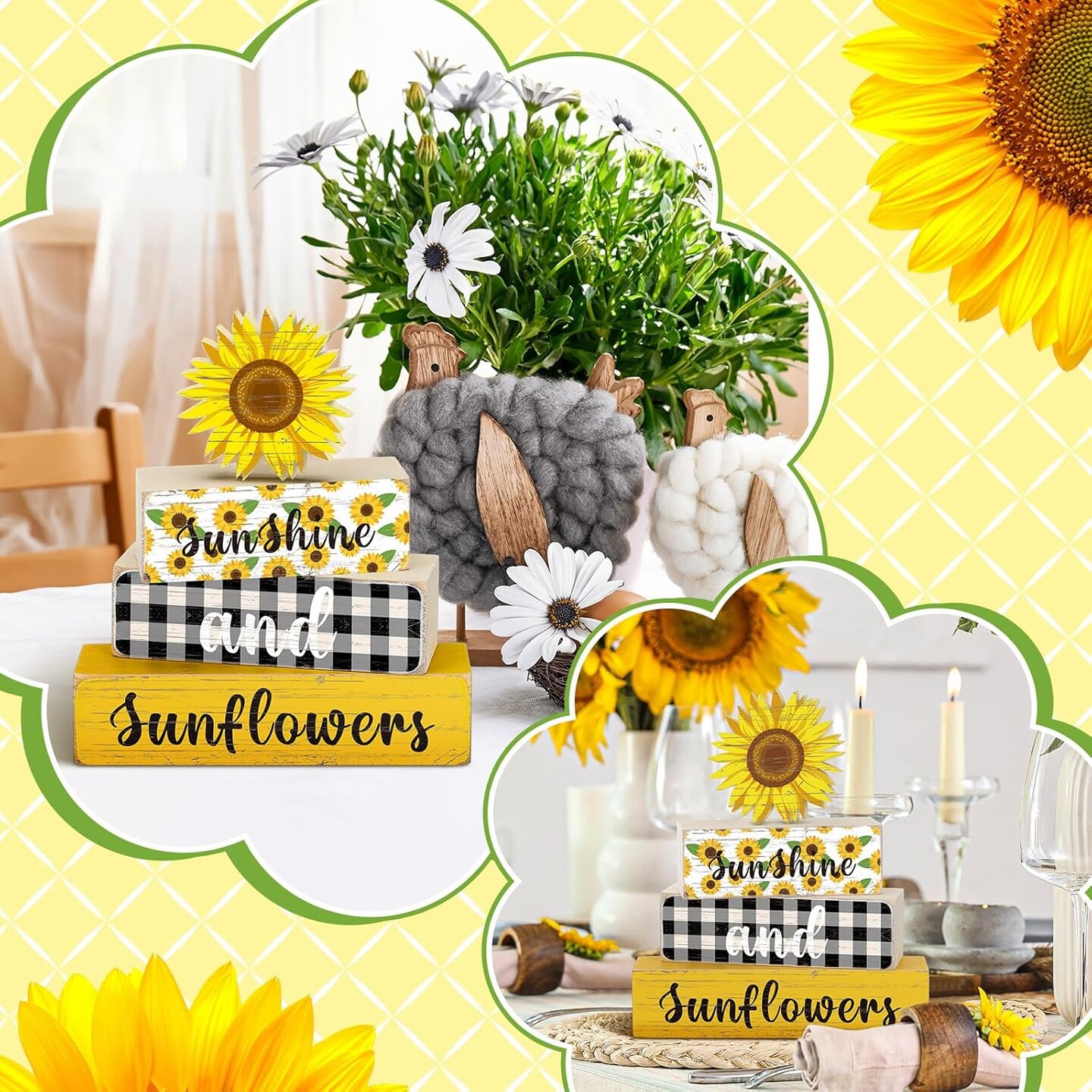 4PCS Sunflower Wooden Table Decor – Rustic Farmhouse Tiered Tray & Centerpieces