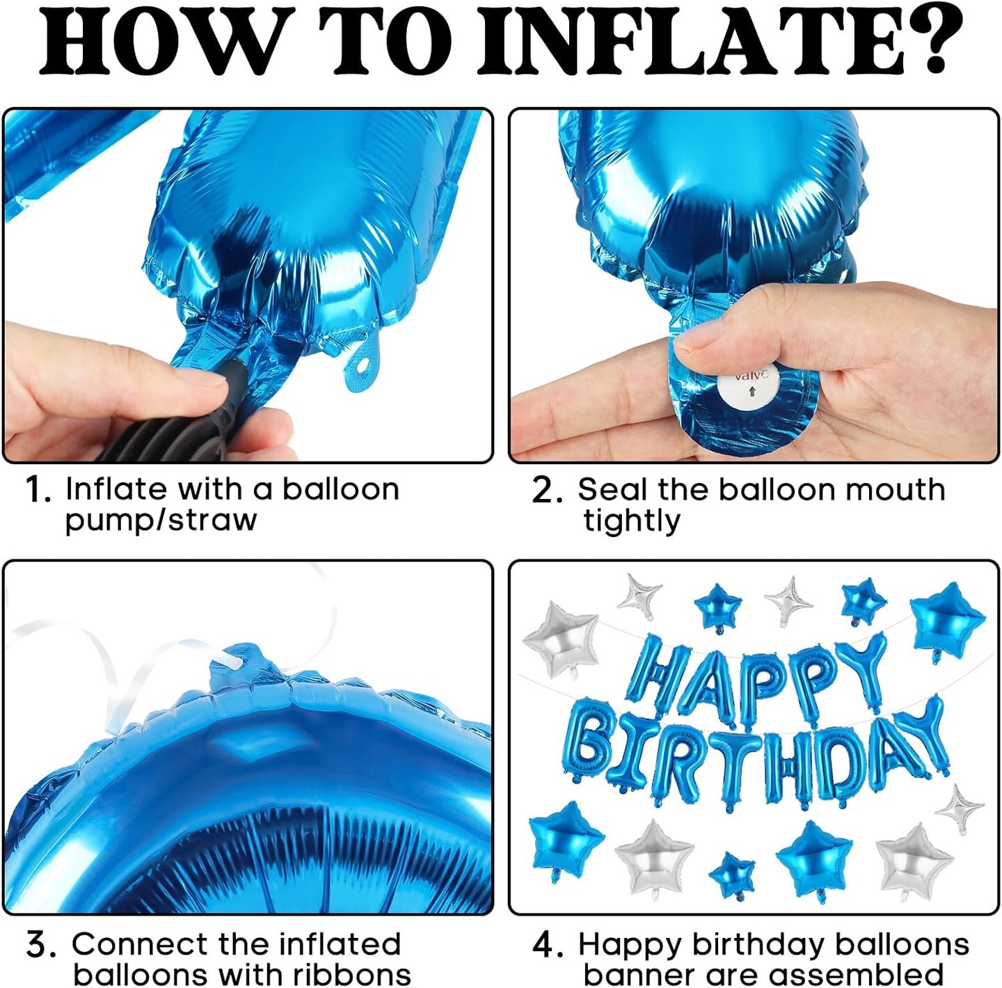 Blue Happy Birthday Banner Balloons Letters Balloons 16 Inch with 12 Pcs Star Foil Balloon Birthday Party Decorations