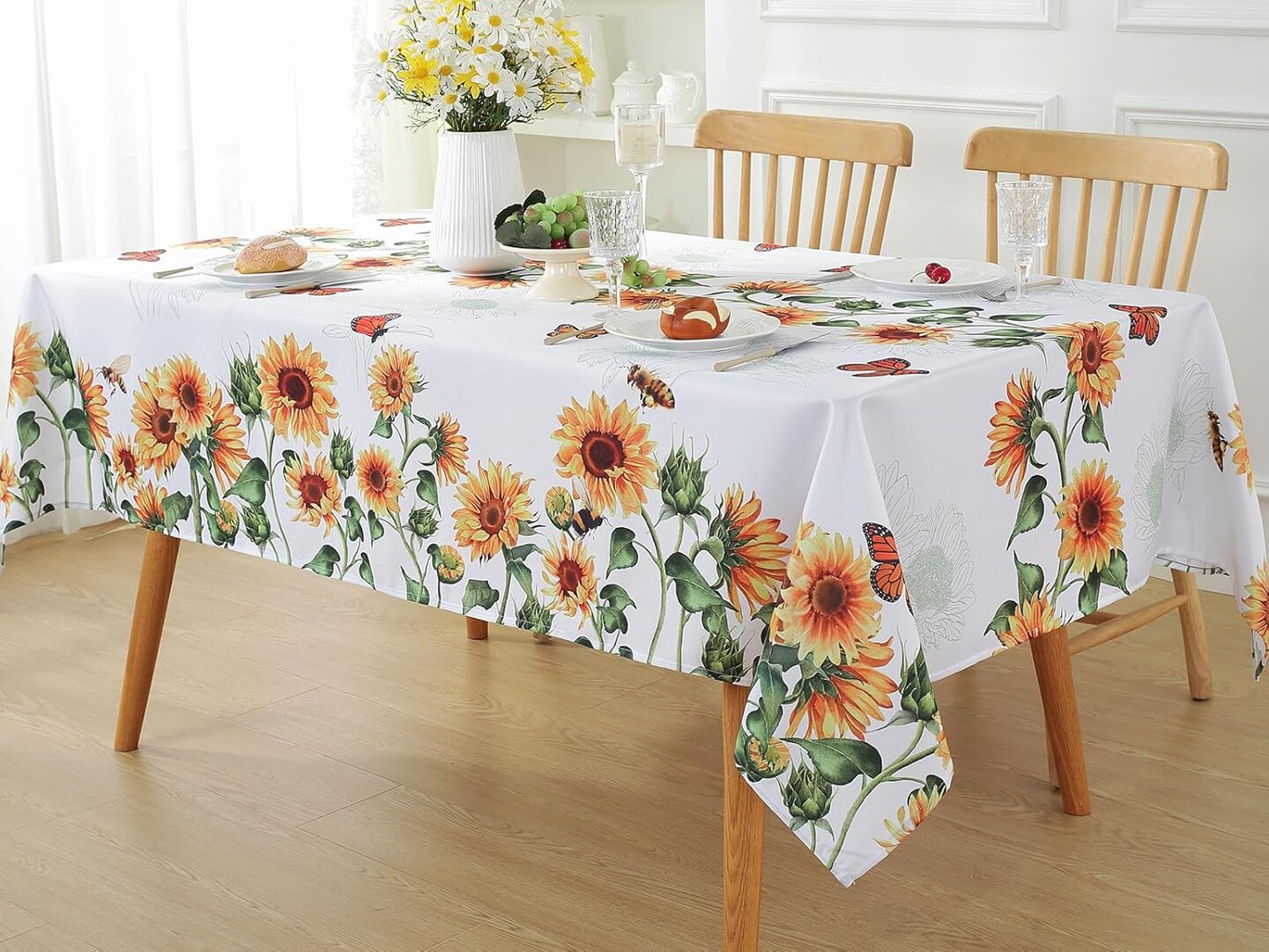 Sunflower Table Cloths 60 x 84 Inch Rectangle Summer Tablecloth, Water Proof Wipe Clean Dust-Proof White Polyester Fabric Table Cover for Fall Kitchen, Party, Picnic, Indoor, Outdoor