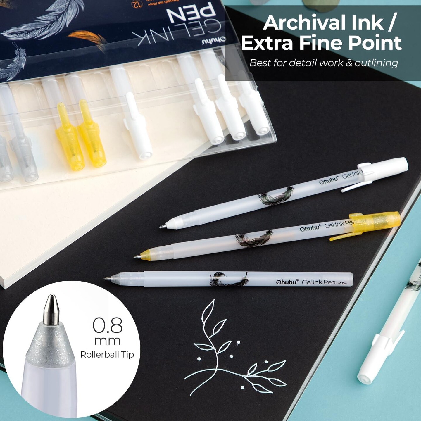Ohuhu Gold Silver White Gel Pens: 12 Pack Extra Fine Point Pens Opaque Gel Ink Pens Smooth White Ink Pens for Highlight Black Paper Art Drawing Sketching Scrapbook Illustration Bullet Journal - Leahi
