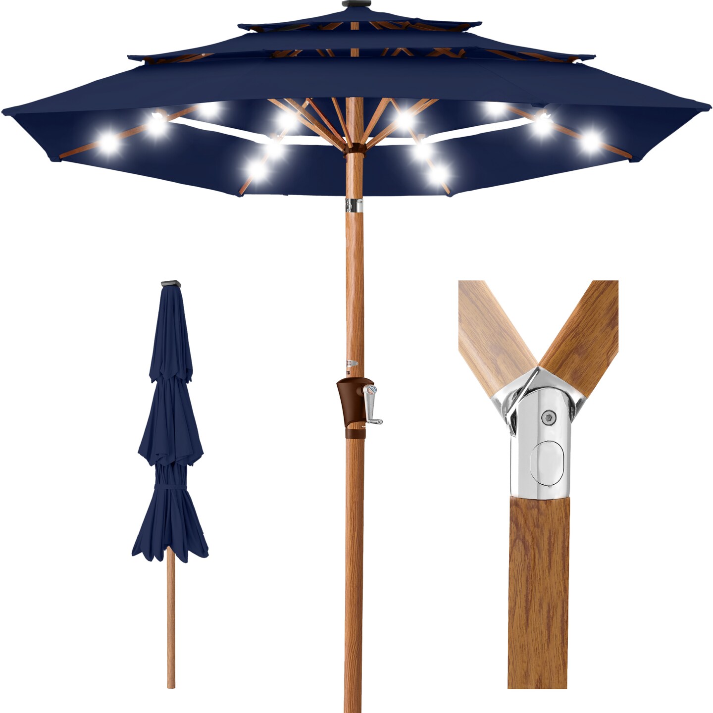 Best Choice Products Woodgrain Pattern 10ft 3-Tier Solar Patio Umbrella w/  24 LED Lights, Tilt, Color: Navy Blue | Michaels