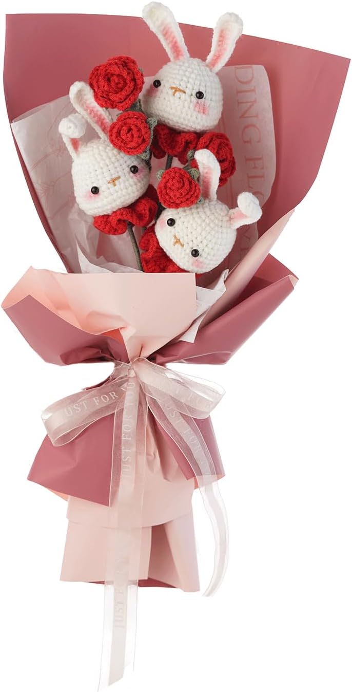 Crochet Kit for Beginners with Step-by-Step Video Tutorials, DIY Craft Set, Knitting Supplies Gift for Adults and Kids (13+) - Complete Kit With Cute Rabbit Flower Bouquet