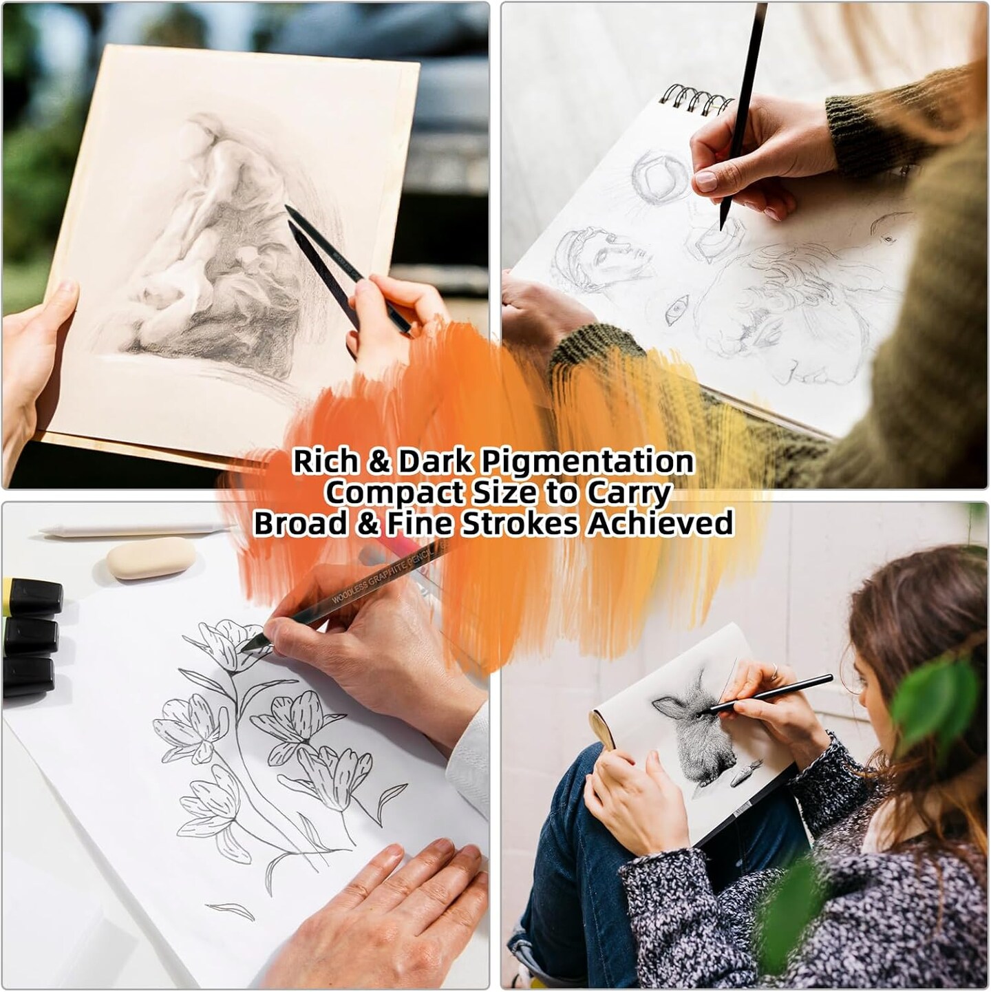 Woodless Graphite Drawing Pencils Set,6 Black Lead Pre-Sharpened 2H HB, 2B, 4B, 6B 8B Degrees Coloring Pencils, 50PK Blank Watercolor Card for Sketching,Writing,Shading