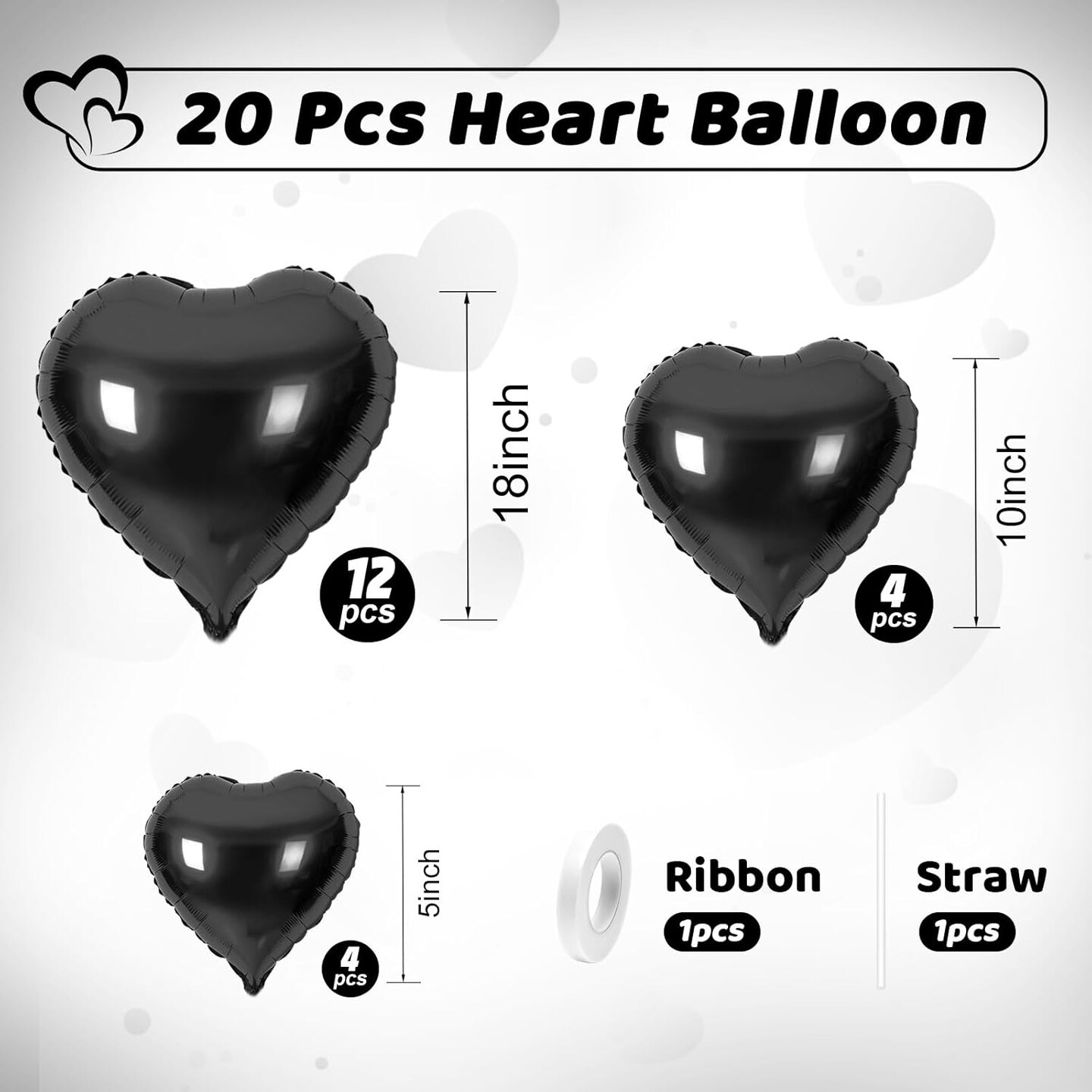 Black Heart Balloons, Heart Shaped Ballons, 20 Pcs 5/10/18 inch Different Sizes Black Foil Love Balloons for Valentine&#x27;s Day Decorations Wedding Engagement Bridal Showers Anniversary Celebrations