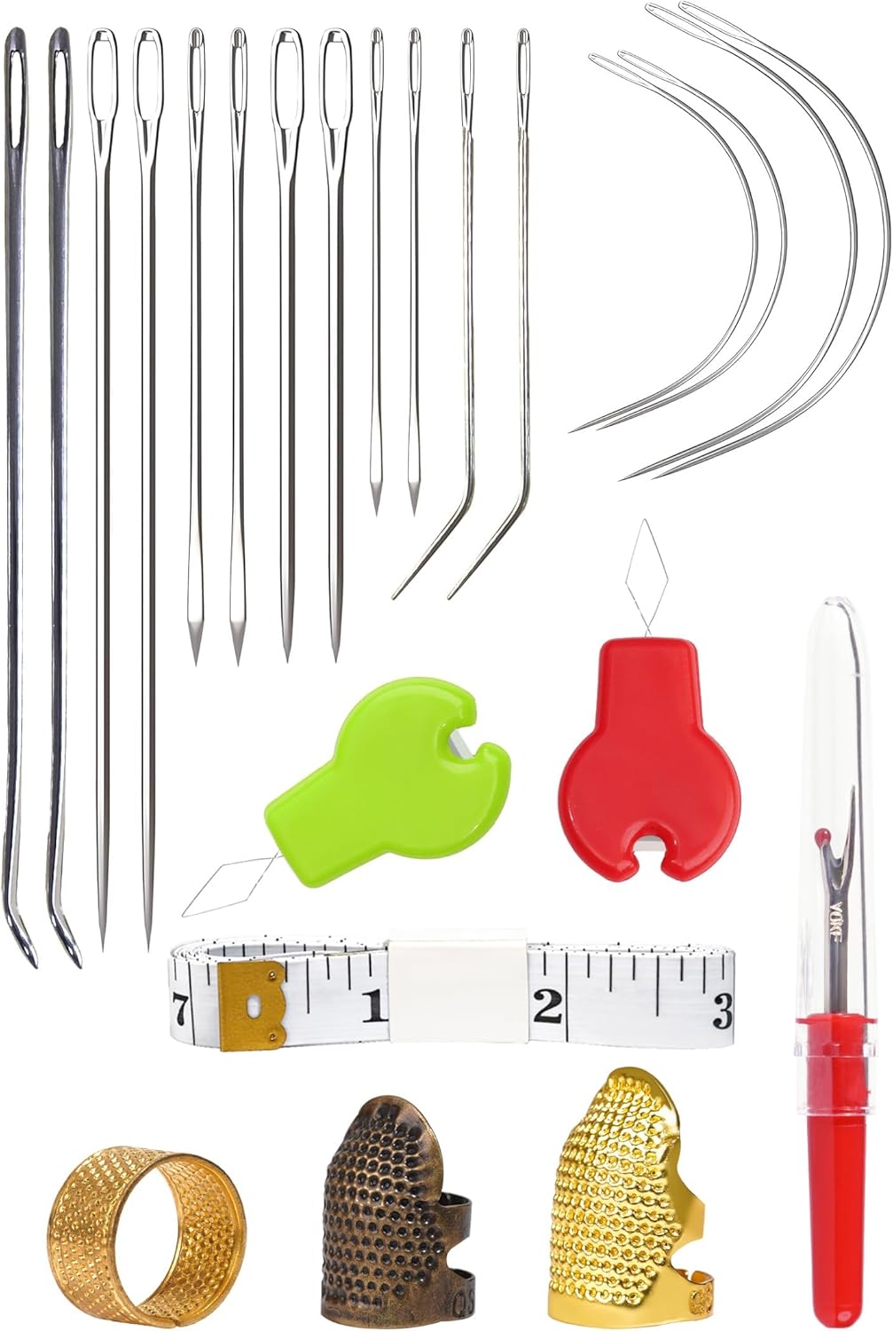 16 Pcs Upholstery Needle, Heavy Duty Hand Sewing Needles Kit, 8 Styles of Leather Canvas Sewing Needles with Needle Threaders, Seam Rippers, Thimble, Soft Ruler (Leather Needles)