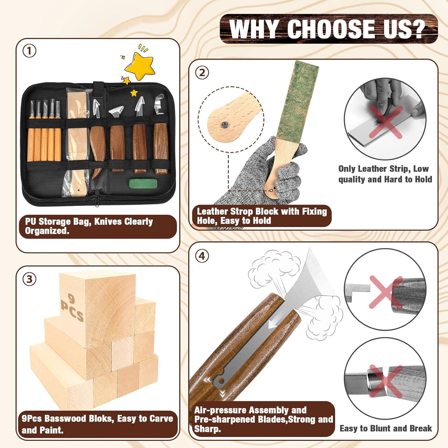 Wood Carving Kit, 23pcs Wood Carving Tool with 4PCS Wood Carving Knives &#x26; 5PCS Detail Knives 9 Basswood Blocks &#x26; Gloves &#x26; Roll Bag &#x26; Strop Block &#x26; Polishing Compound Whittling Kit Hobbies for Adults