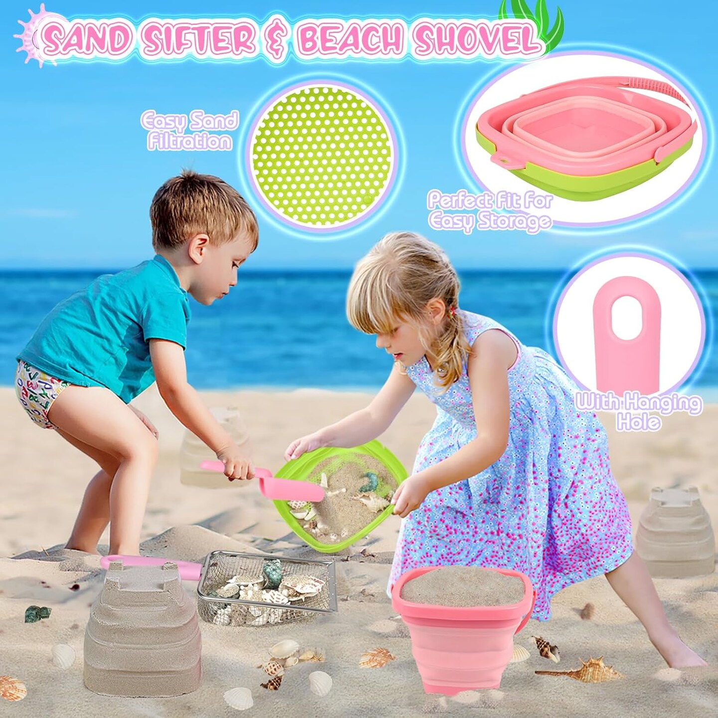 Summer Beach Toys, Sand Toys with Collapsible Beach Bucket, Beach Mesh Shovel, Sand Sifter and Mesh Bag for Shell Collecting, Shark Tooth Sifter Sand Dipper Beach Scoop for Kids Adults Boys Girls