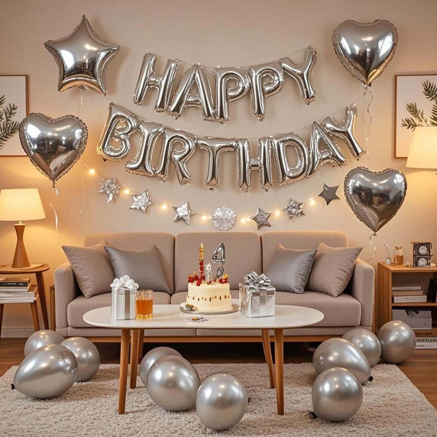 27 Pcs Silver Birthday Decorations, 3D Foil Silver Happy Birthday Balloon Banner
