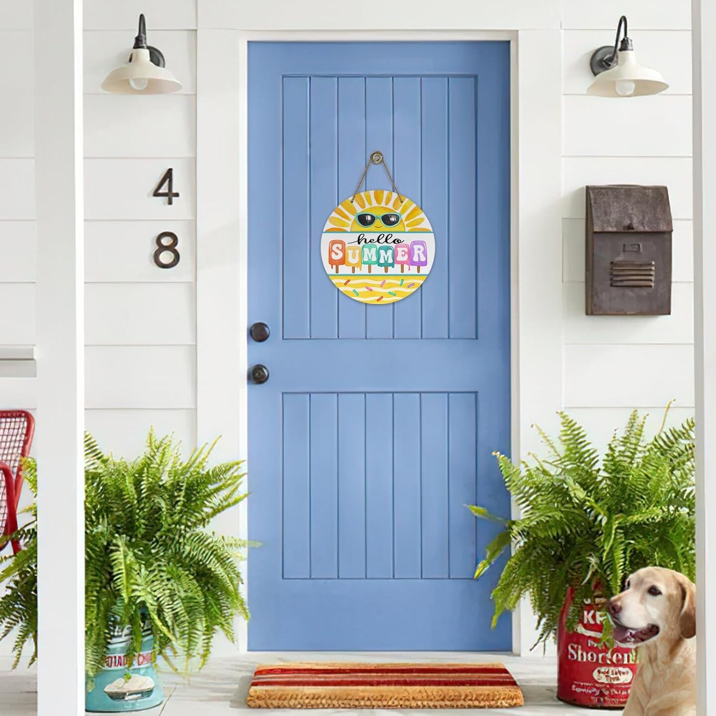 Hello Summer Sun Sunshine Front Door Sign, Popsicle Sunglasses Yellow Wood Door Hanger Outdoor Outside Porch Decor, Seasonal Wooden Wreath Indoor Wall Hanging Decoration