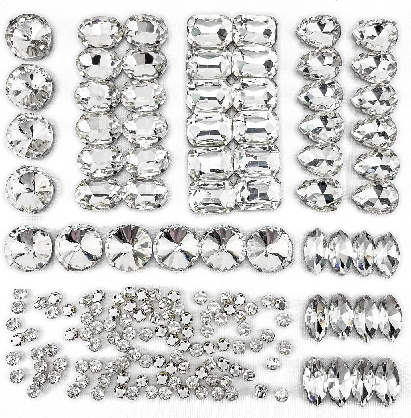 160PCS Glass Sew on Rhinestones, Flactback Sew On Claw Crystals for Crafts Costume Clothes Jewelry (Crystal Clear/White, Mixed Shapes)