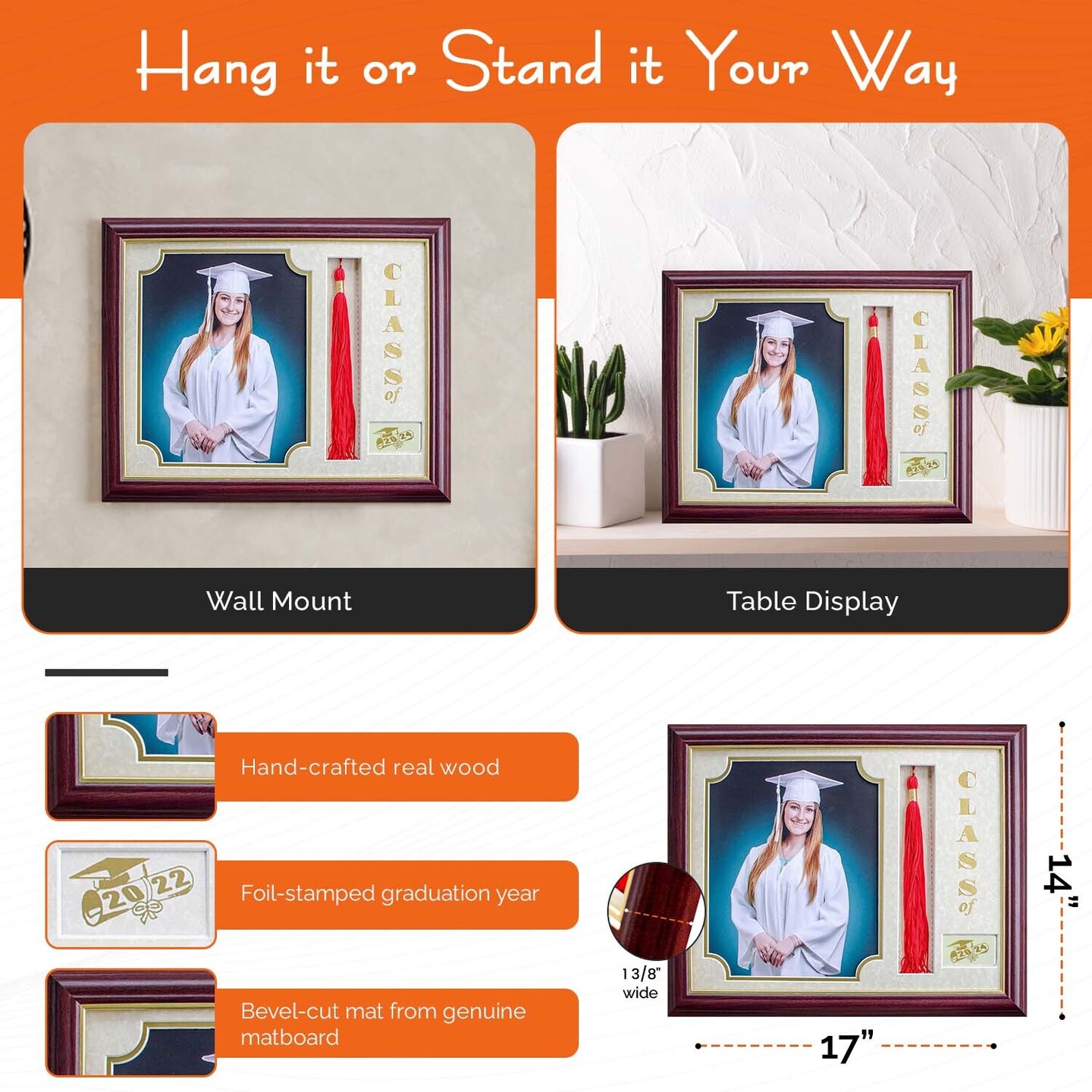 iFrame Graduation Photo & Tassel Frame I 5x7 & 8x10 Picture Frame For 2025 Class Year | Real Wood Cherry, Black and Walnut Finish I Wall Mount & Tabletop Graduation Frame | Made in USA