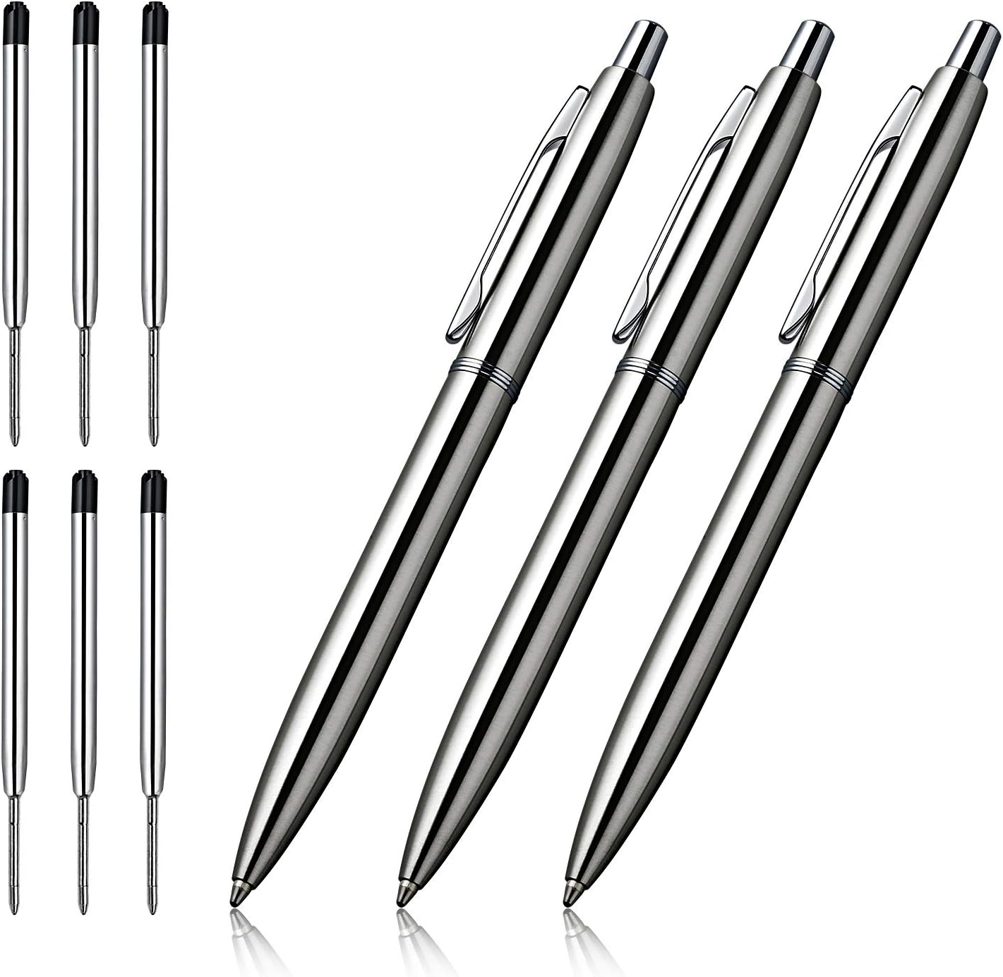 3 Pcs Retractable Metal Ballpoint Pens, for Gift, Business, Office, 1.0mm Medium Point Black Ink, 6 Extras Replaceable Metal Refills - Stainess Steel