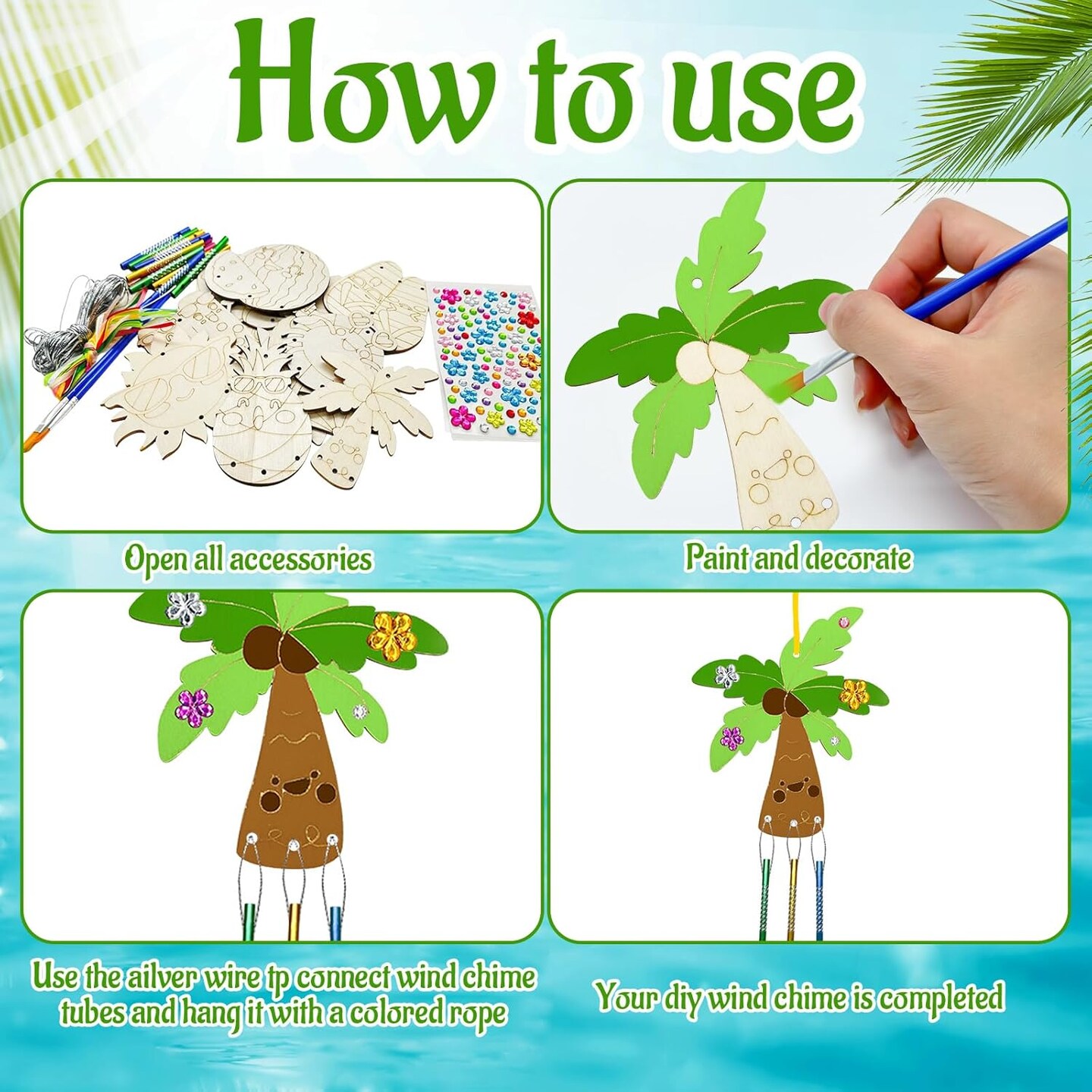 12 Pack Summer Beach Activities for Kids&#xFF0C;Paint Pool Party Favors Pineapple Flamingo Craft Wind Chime Kit Wooden Paint Arts DIY Coloring Craft for Summer Luau Hawaii Party Art Activity Supplies
