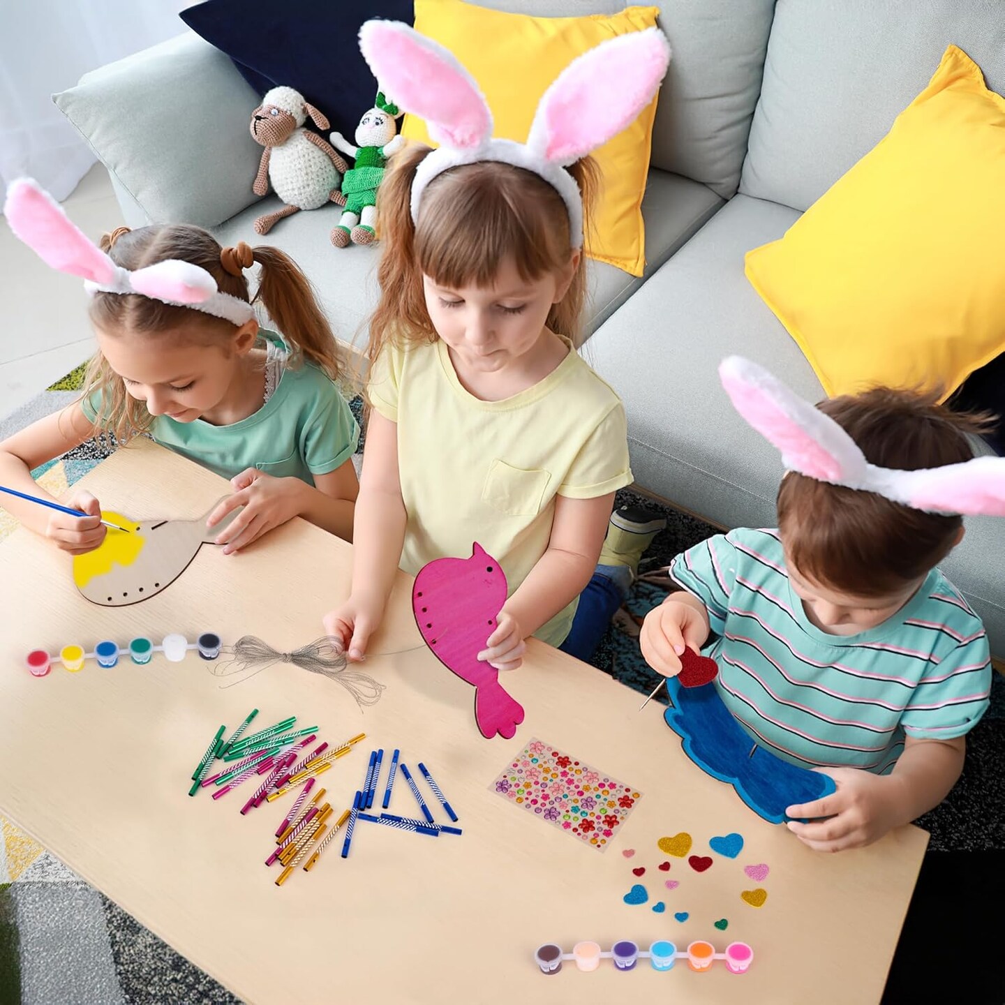 Summer DIY Wind Chime Kit for Kids - 8 Pack - Wooden Wind Chime Set with Paint Kit, Rhinestone Flower Stickers, Glitter Heart Foam Stickers, and More - Summer Arts and Crafts