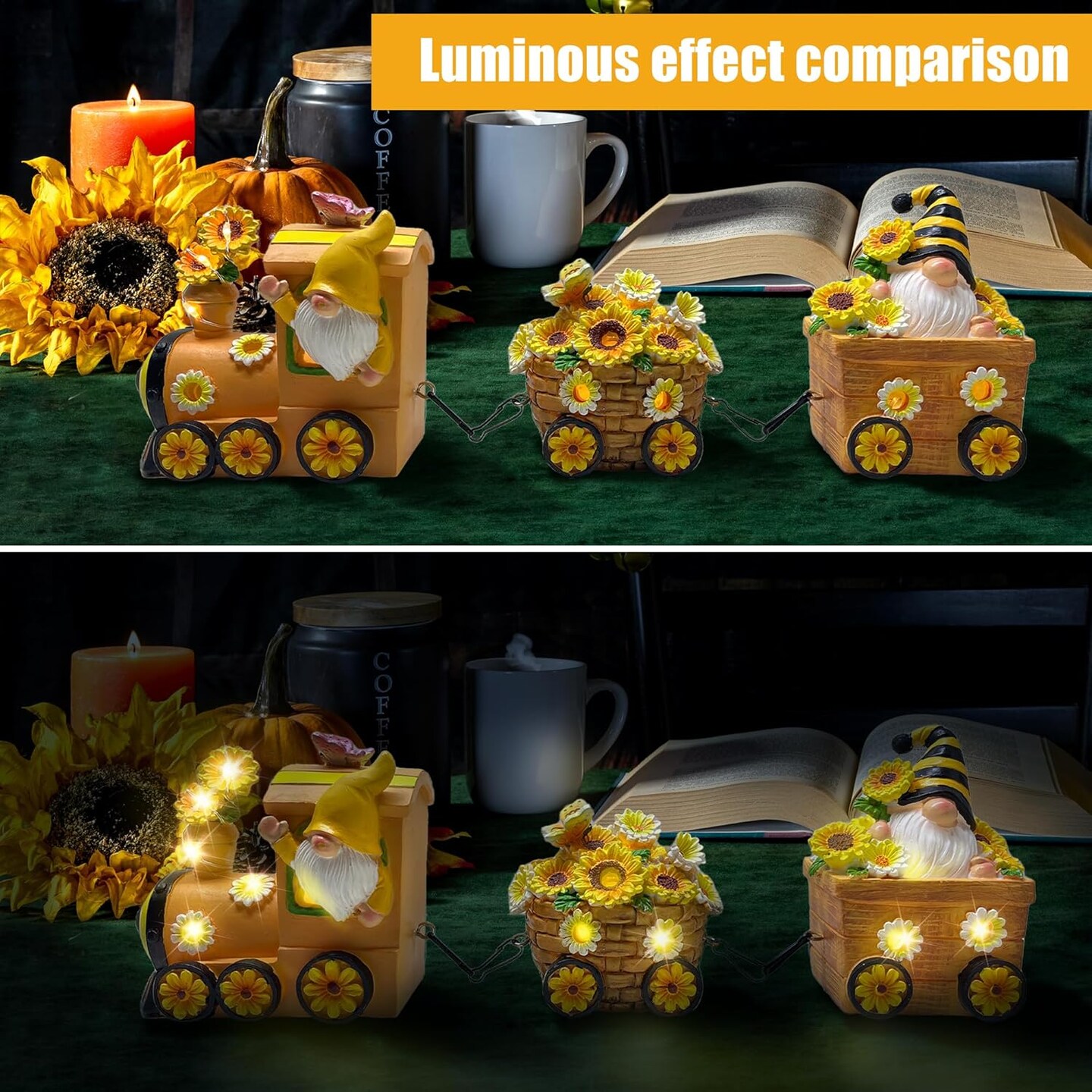 Sunflower Decor Train, LED Sunflower Decor for Tabletop, Sunflower Decorations Indoor for Home Outdoor Party, Gnomes Figurines Lighted Centerpieces Table