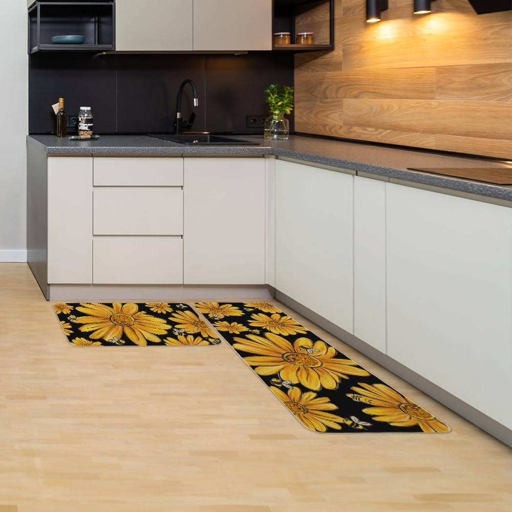 Yellow Bee Summer Kitchen Mats Set of 2, Yellow Sunflowers Seasonal Home Decor Summer Kitchen Rugs&#xFF0C; Non Skid Washable Decorative Kitchen Mats for Floor-17x29 and 17x47 Inch-AKM063