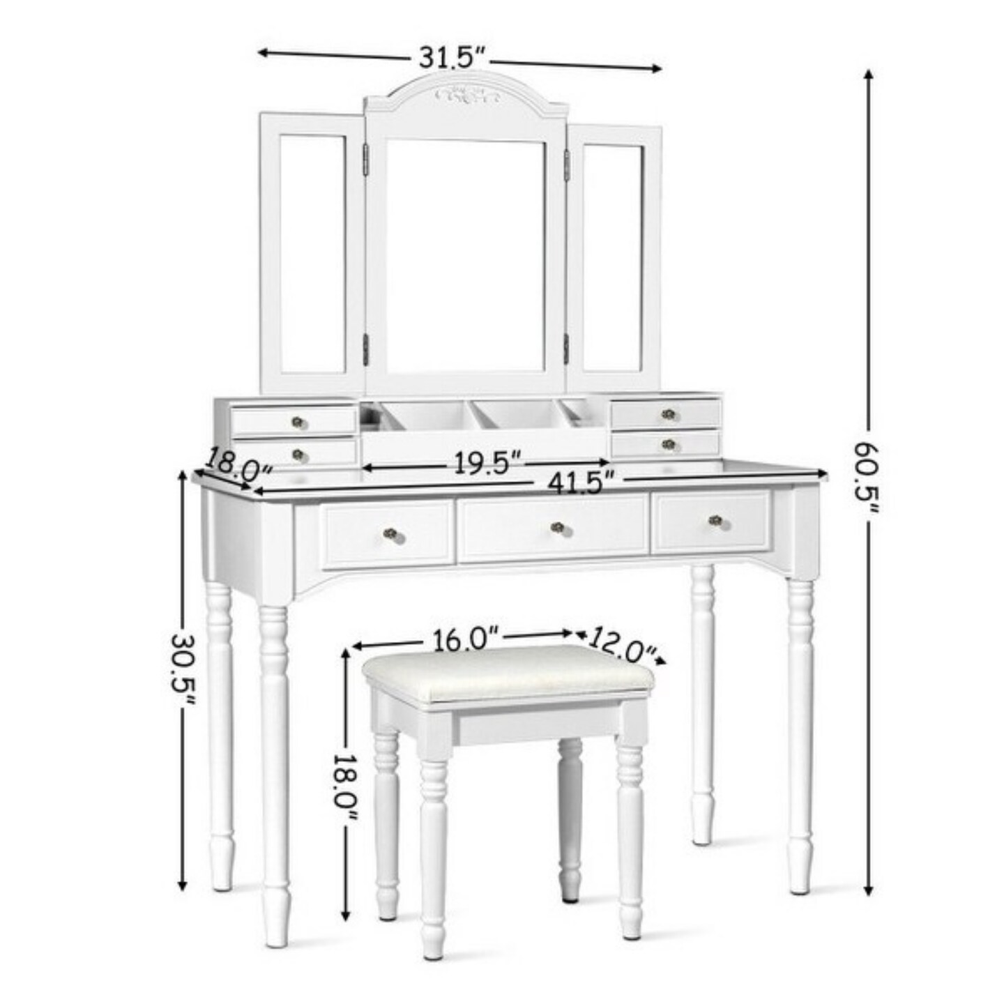Makeup Dressing Table with Tri-Folding Mirror and Cushioned Stool Perfect for Women