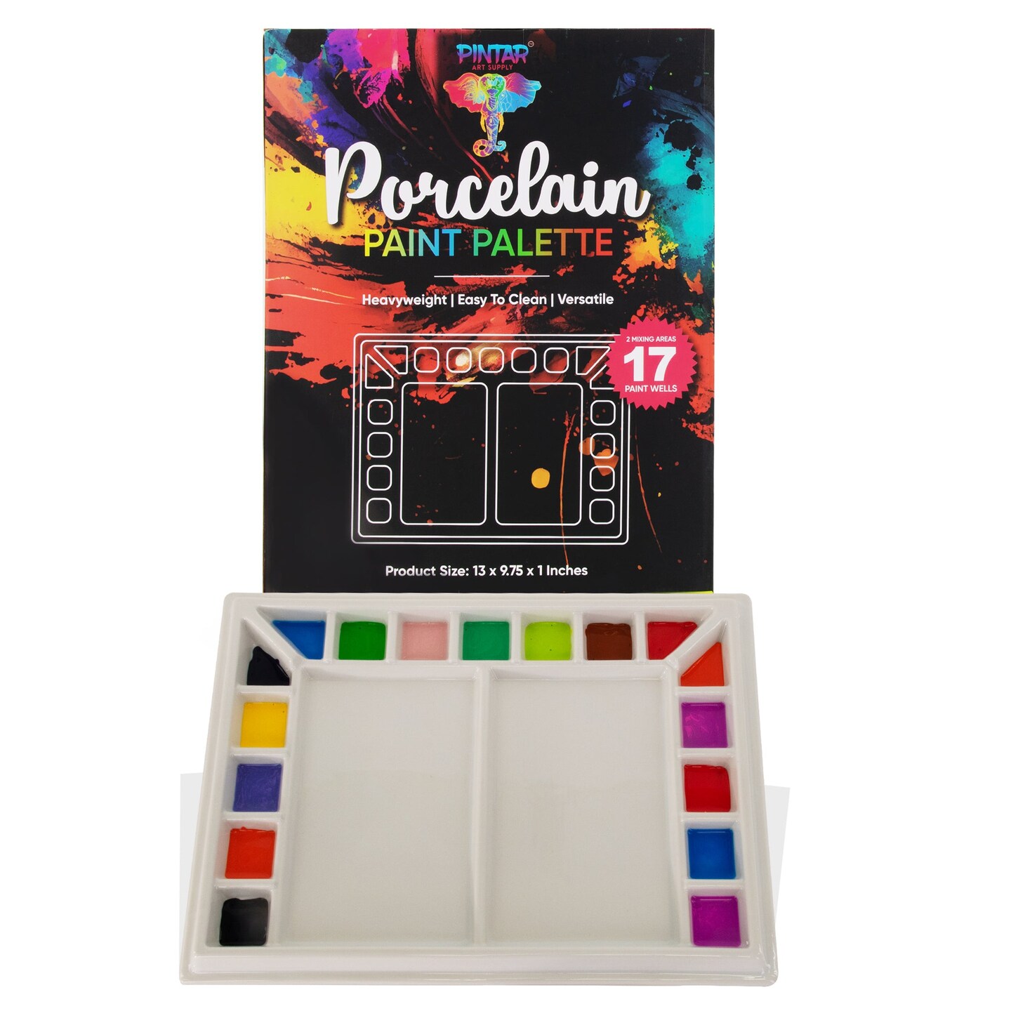 Pintar Ceramic Watercolor Paint Palette Tray - 17 Well Ceramic Palette | Rectangle - 13 x 9.8 inch  Paint Pallet | Durable Watercolor Palette Tray for Acrylic, Oil, Gouache &#x26; All Water-Based Paints
