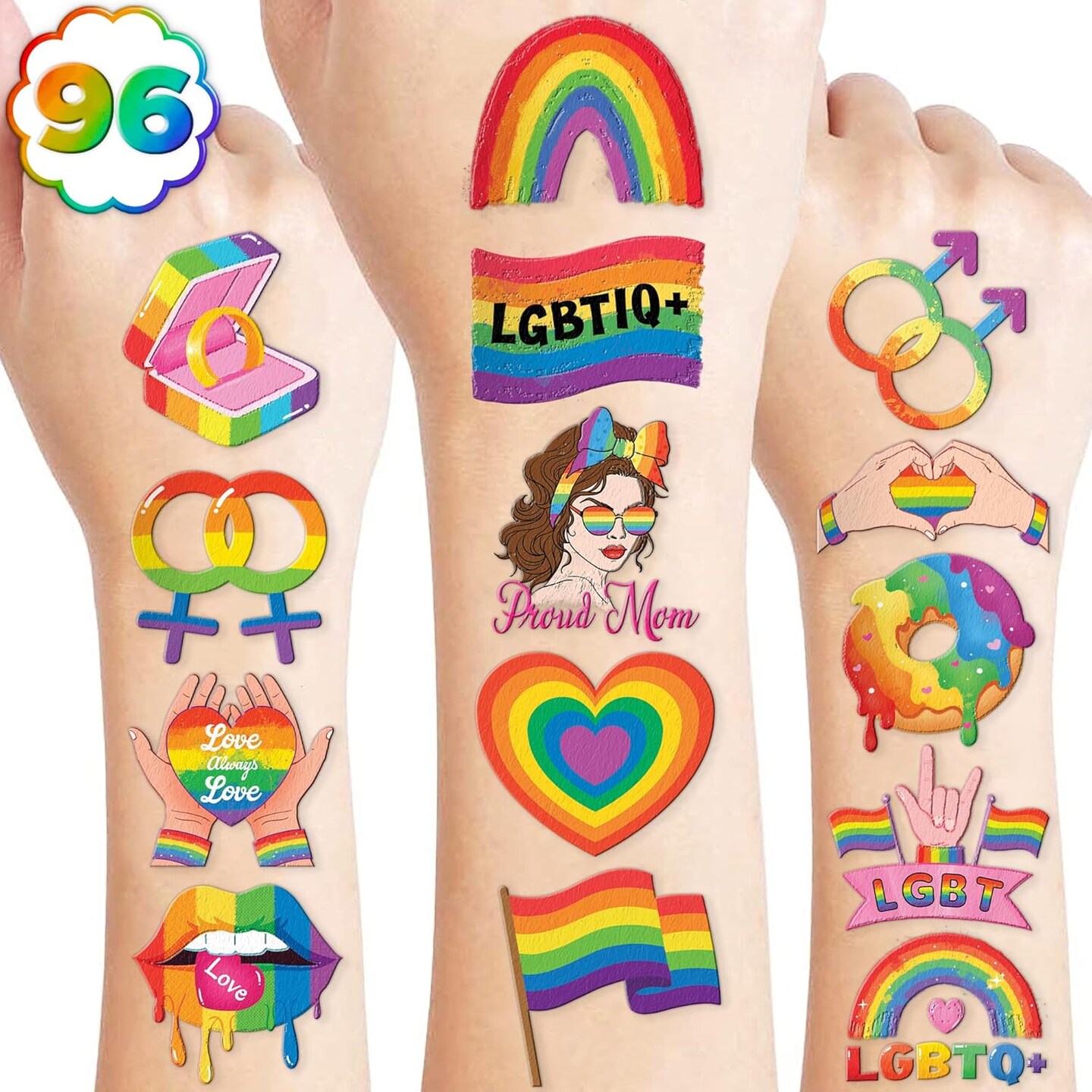 96 PCS LGBT Rainbow Pride Temporary Tattoos – Pre-Cut Stickers for Kids