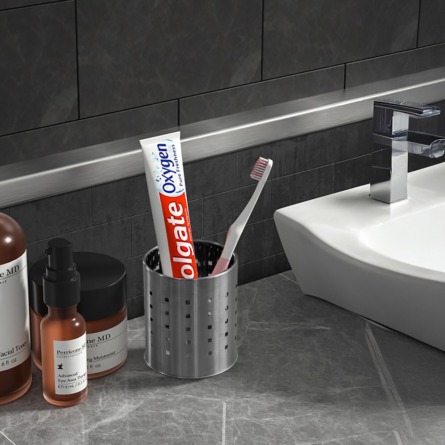 Basicwise Round Metal Utensil Holder Countertop Organizer with Drain Holes for Cooking Spoons, Spatulas, Cutlery, and Silverware Stylish Storage Solution for Kitchen Counter, Silver