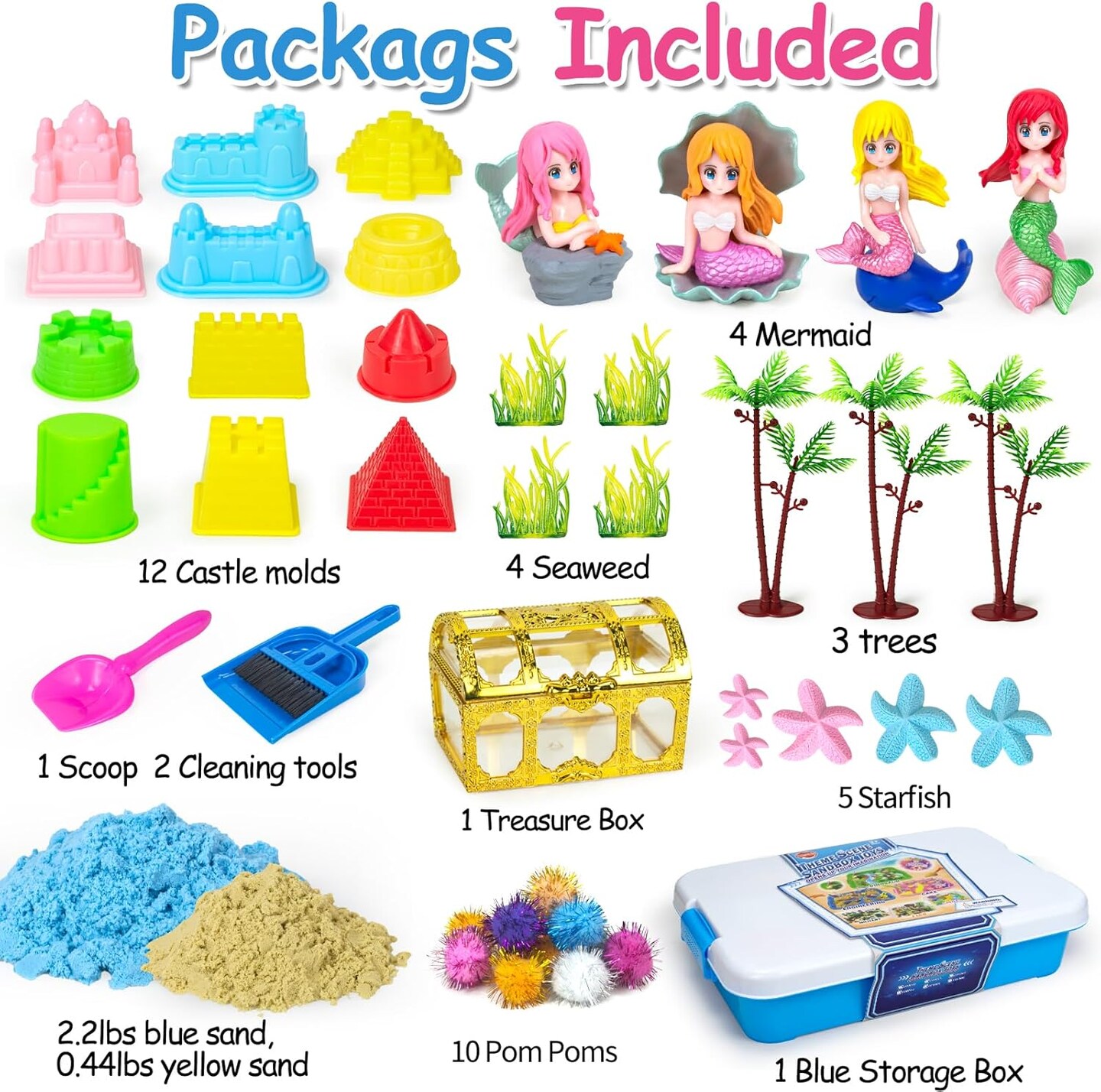 Summer Mermaid Sensory Bin Sandbox Toys for Toddlers Girls Kids- Mermaid Toys for Kids Play Sand Kit Sensory Sand Bin Toys with 2.2 lbs Sand &#x26; Castle Mold,Great Christmas Birthday Gift for Girl Kids