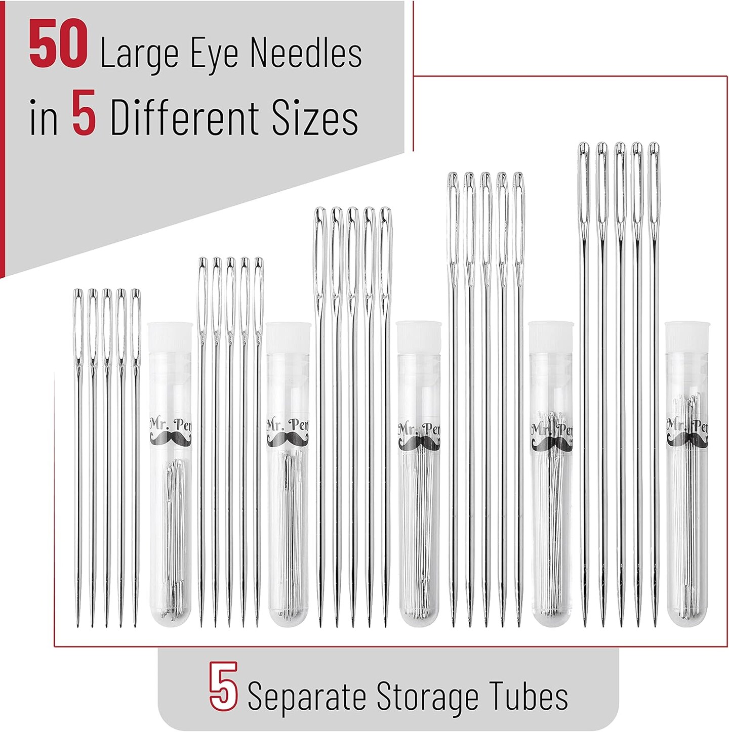 Large Eye Needles for Hand Sewing, 50 Pack, Assorted Sizes, Sewing Needles, Needles, Needles for Sewing, Embroidery Needles for Hand Sewing, Sewing Needles Large Eye
