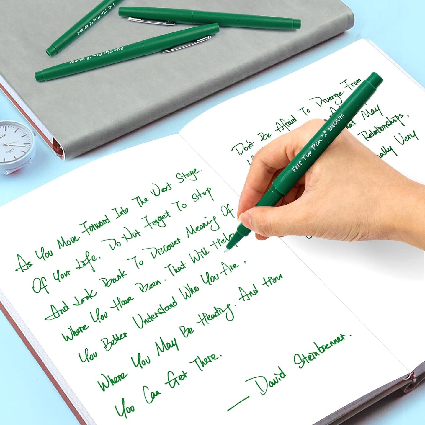 Felt Tip Pens, 15 Green Pack, 0.7mm Medium Point, Felt Tip Markers Pens for Journaling, Writing, Note Taking, Planner, Perfect for School Office and Art Supplies