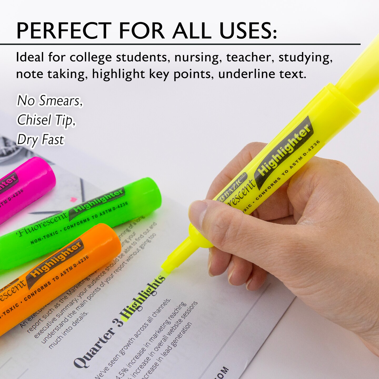 BAZIC Desk Style Fluorescent Highlighters (4/Pack)