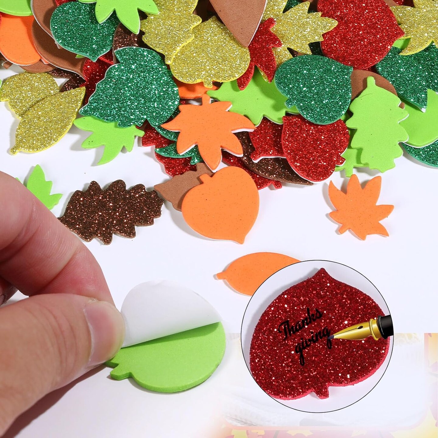 300 PCS Autumn Thanksgiving Fall Leaf Foam Sticker, Self Adhesive Foam Stickers, Glitter Maple Leaves DIY Crafts Foam Stickers
