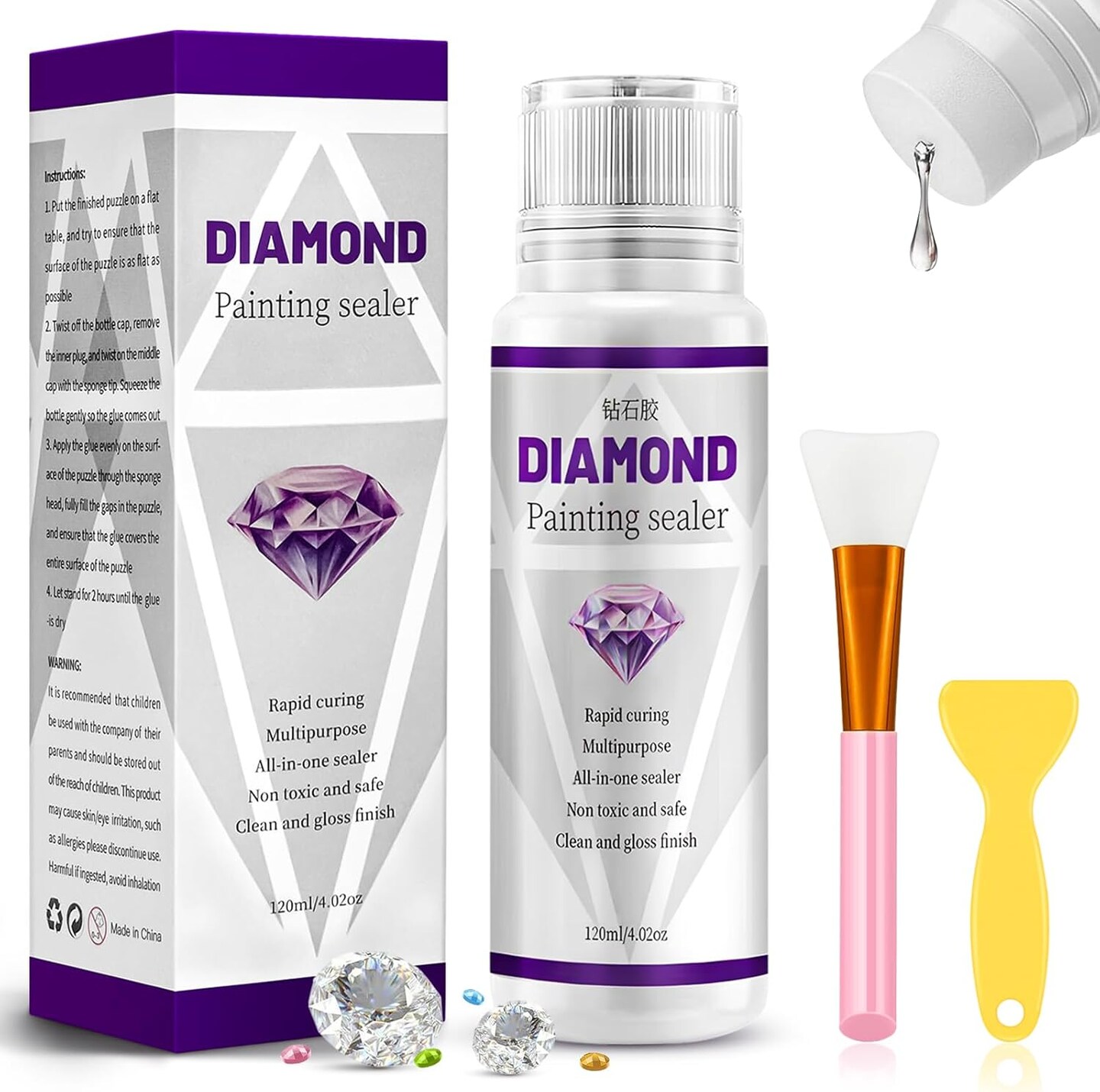 Diamond Painting Sealer 120ML,Diamond Art Accessories Tools, Diamond Art Glue with Silicone Brush,Permanent Hold & Shine Effect Conserver for Diamond Paintings and Puzzles(4OZ)