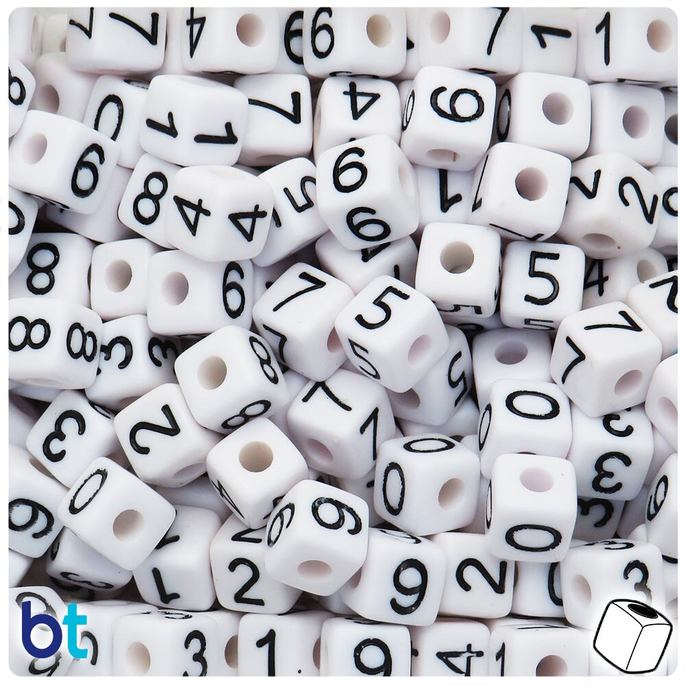 BeadTin White Opaque 10mm Cube Plastic Alpha Beads - Black Number Mix (50pcs)